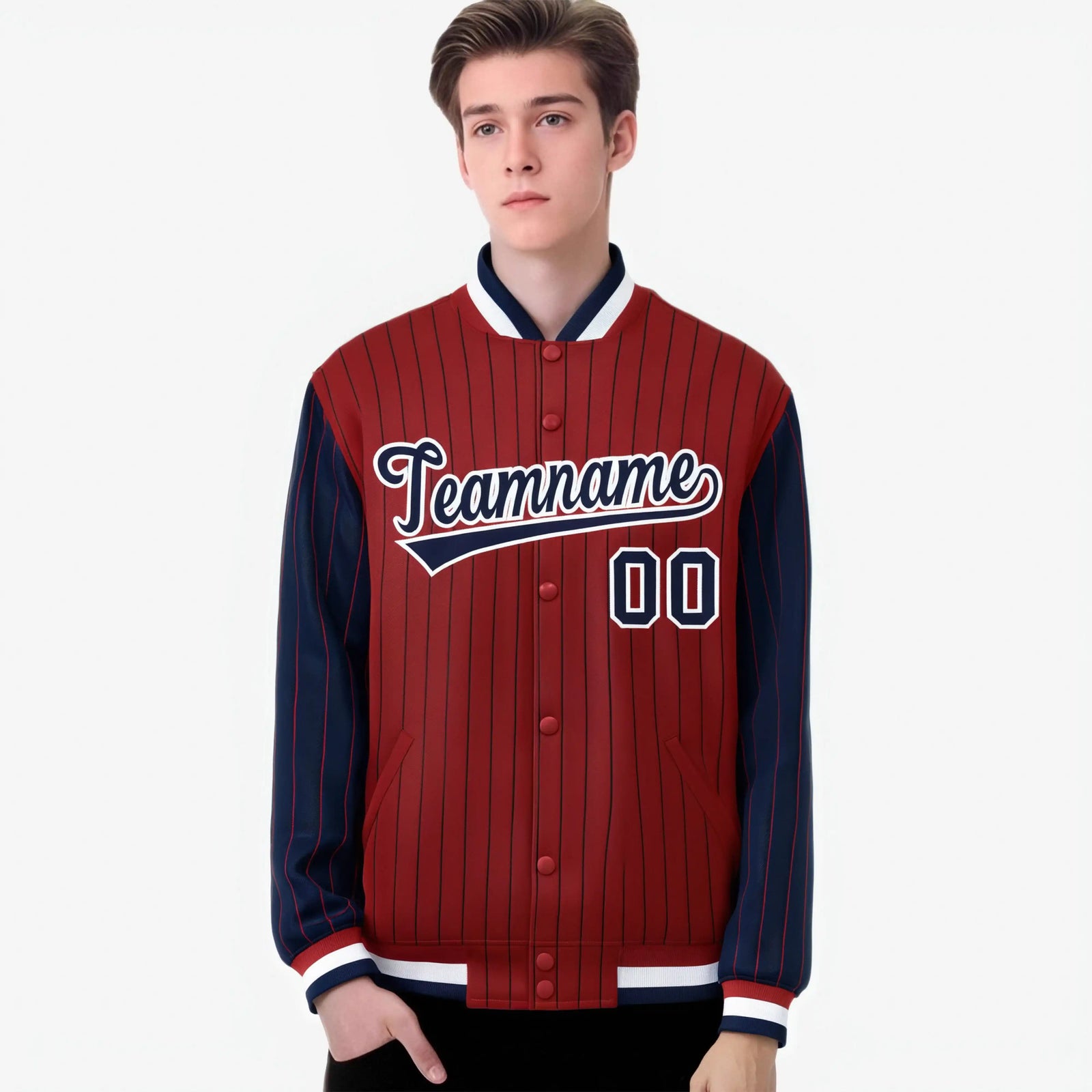 Custom Red Navy-Red Personalized Stripe Fashion Letterman Bomber Varsity Jacket