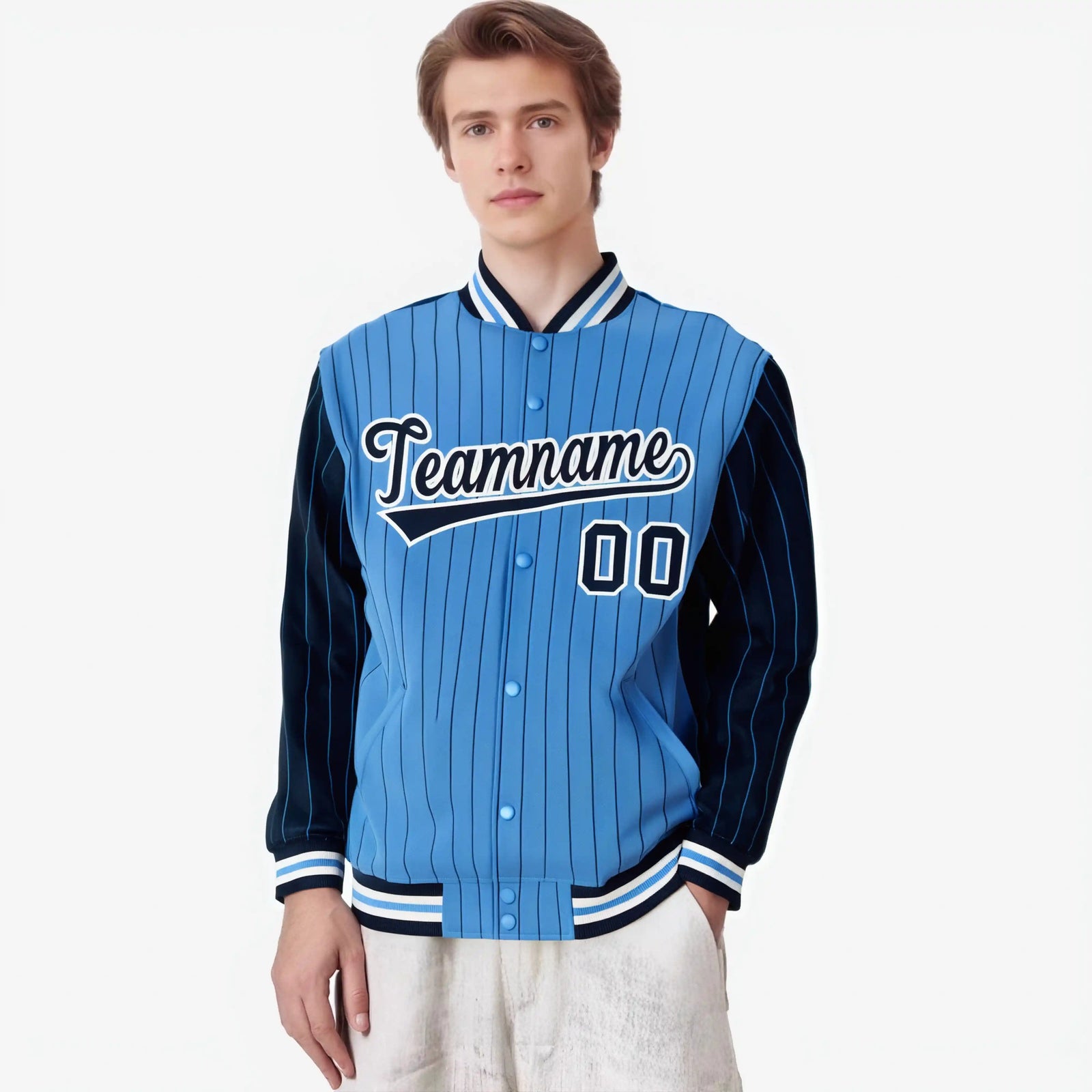 Custom Powder Blue Navy-Powder Blue Personalized Stripe Fashion Letterman Bomber Varsity Jacket