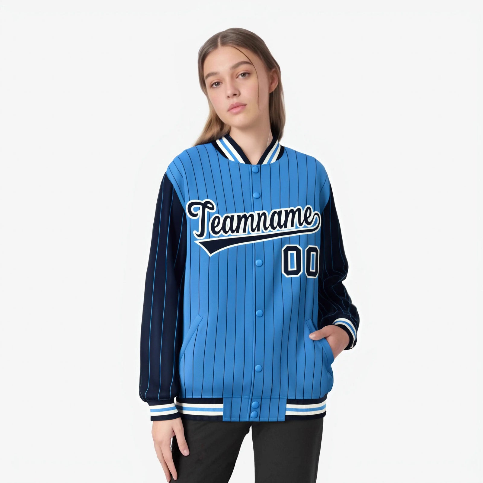 Custom Powder Blue Navy-Powder Blue Personalized Stripe Fashion Letterman Bomber Varsity Jacket