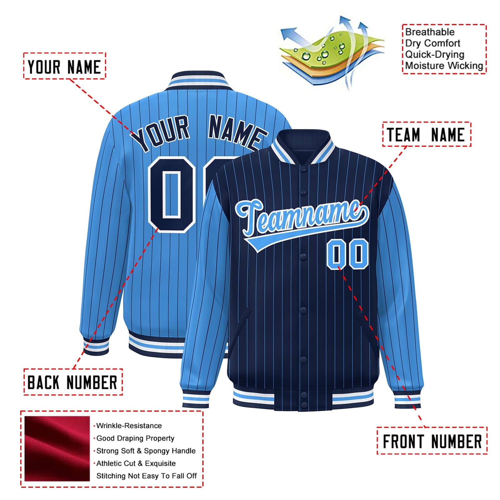 Custom Navy Powder Blue-Navy Personalized Stripe Fashion Letterman Bomber Varsity Jacket