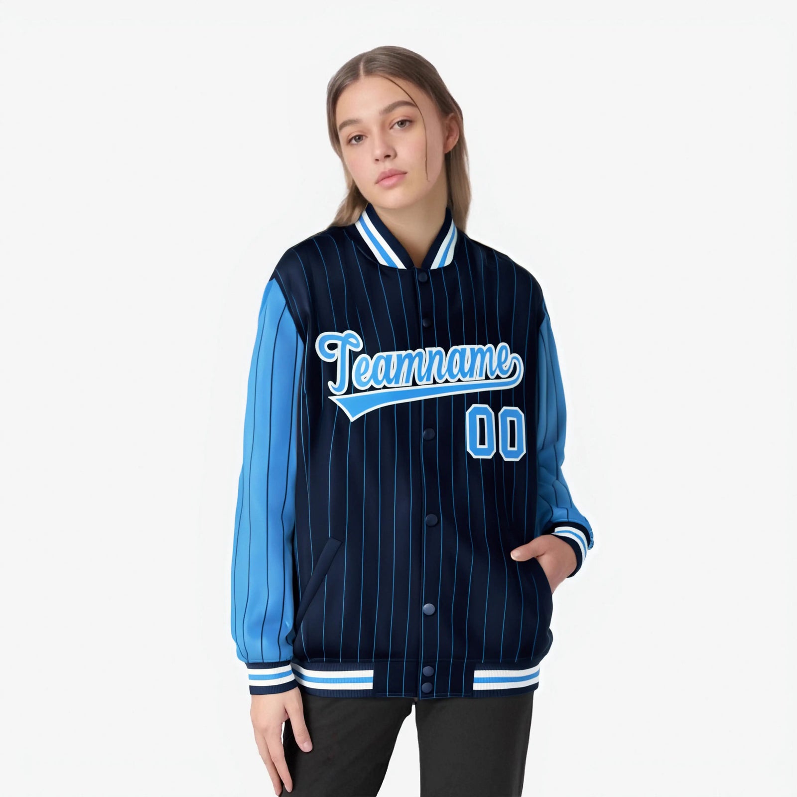 Custom Navy Powder Blue-Navy Personalized Stripe Fashion Letterman Bomber Varsity Jacket