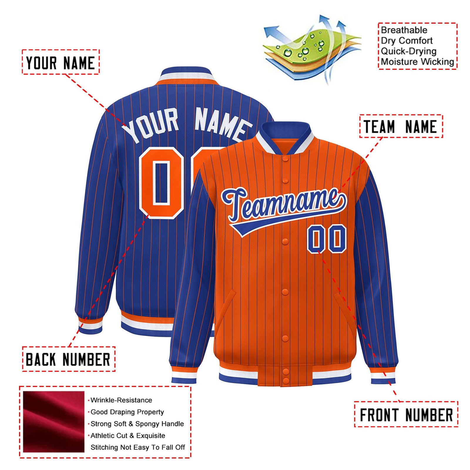 Custom Orange Royal Blue-Orange Personalized Stripe Fashion Letterman Bomber Varsity Jacket