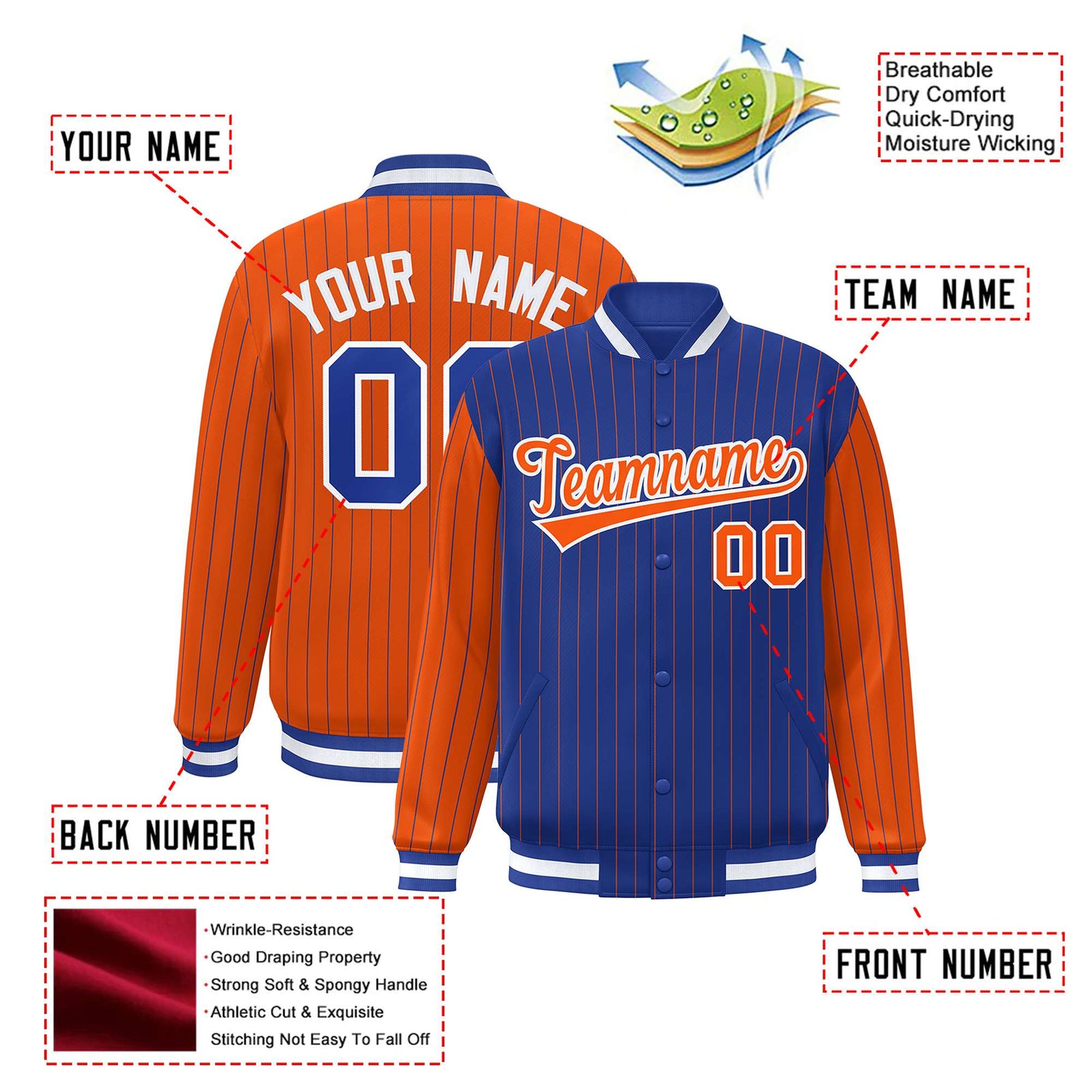 Custom Royal Blue Orange-Royal Blue Personalized Stripe Fashion Letterman Bomber Varsity Jacket