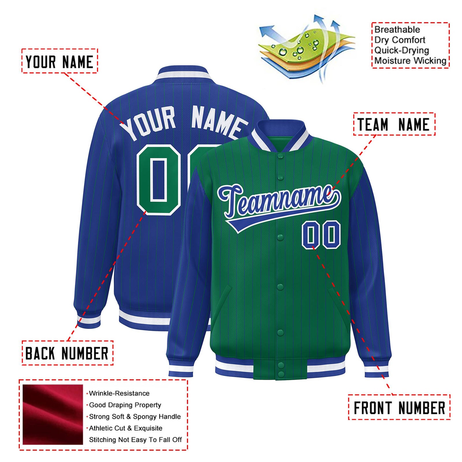 Custom Kelly Green Royal Blue-Kelly Green Personalized Stripe Fashion Letterman Bomber Varsity Jacket