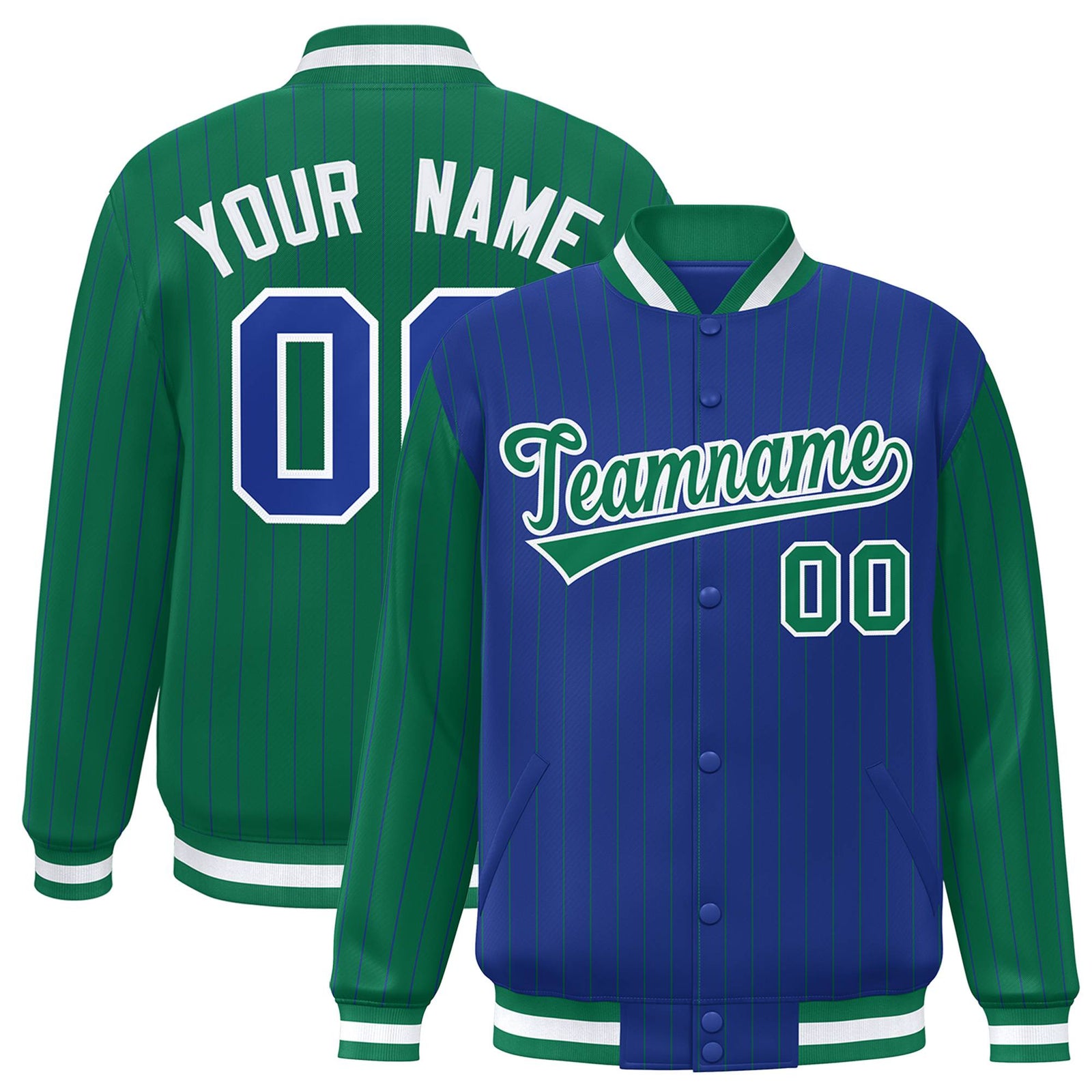 Custom Royal Blue Kelly Green-Royal Blue Personalized Stripe Fashion Letterman Bomber Varsity Jacket
