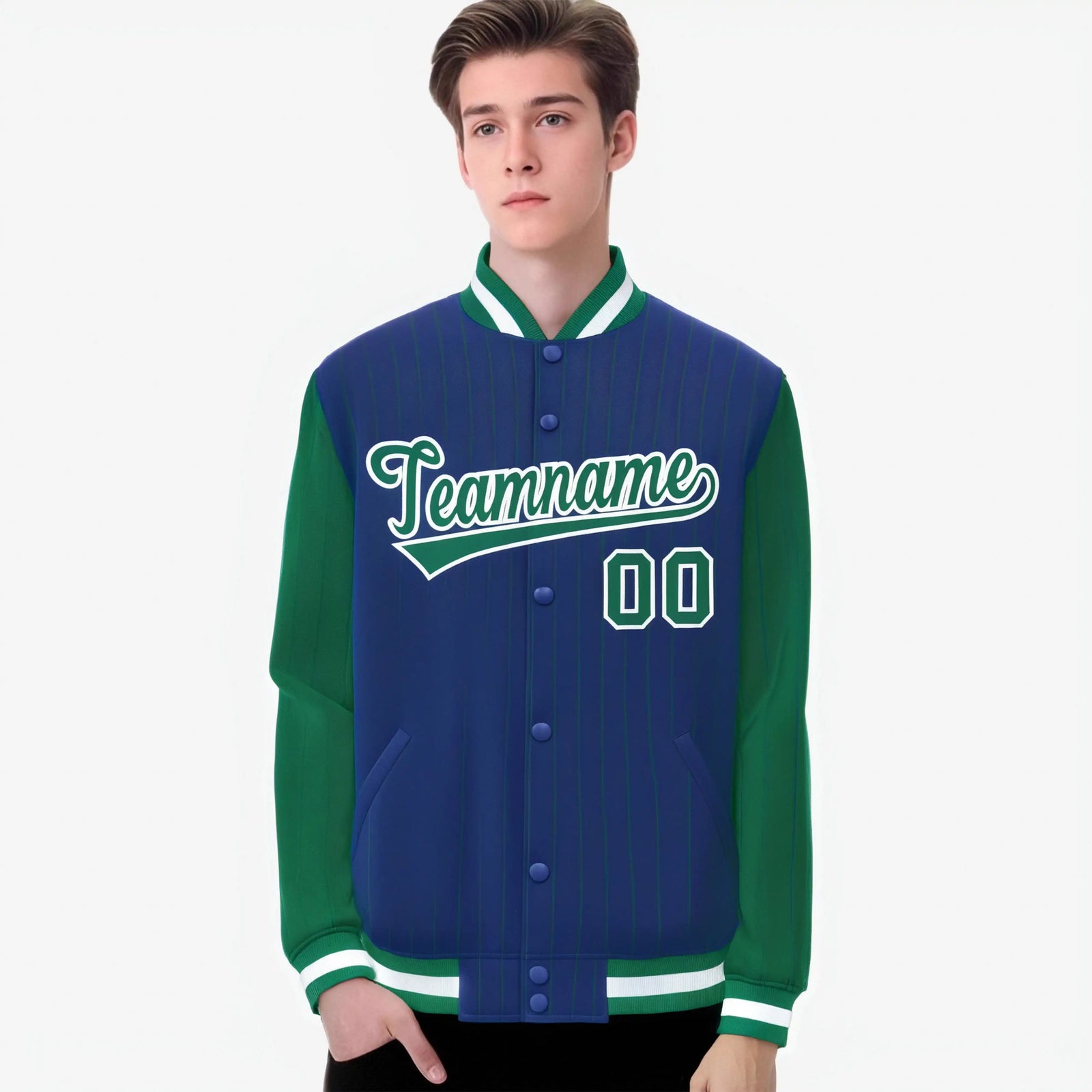 Custom Royal Blue Kelly Green-Royal Blue Personalized Stripe Fashion Letterman Bomber Varsity Jacket
