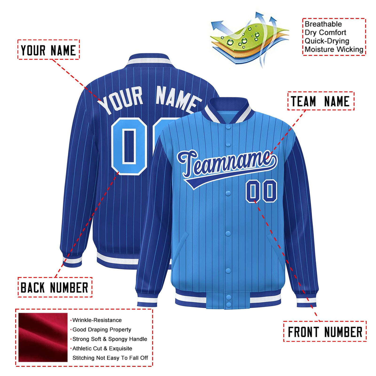 Custom Powder Blue Royal Blue-Powder Blue Personalized Stripe Fashion Letterman Bomber Varsity Jacket