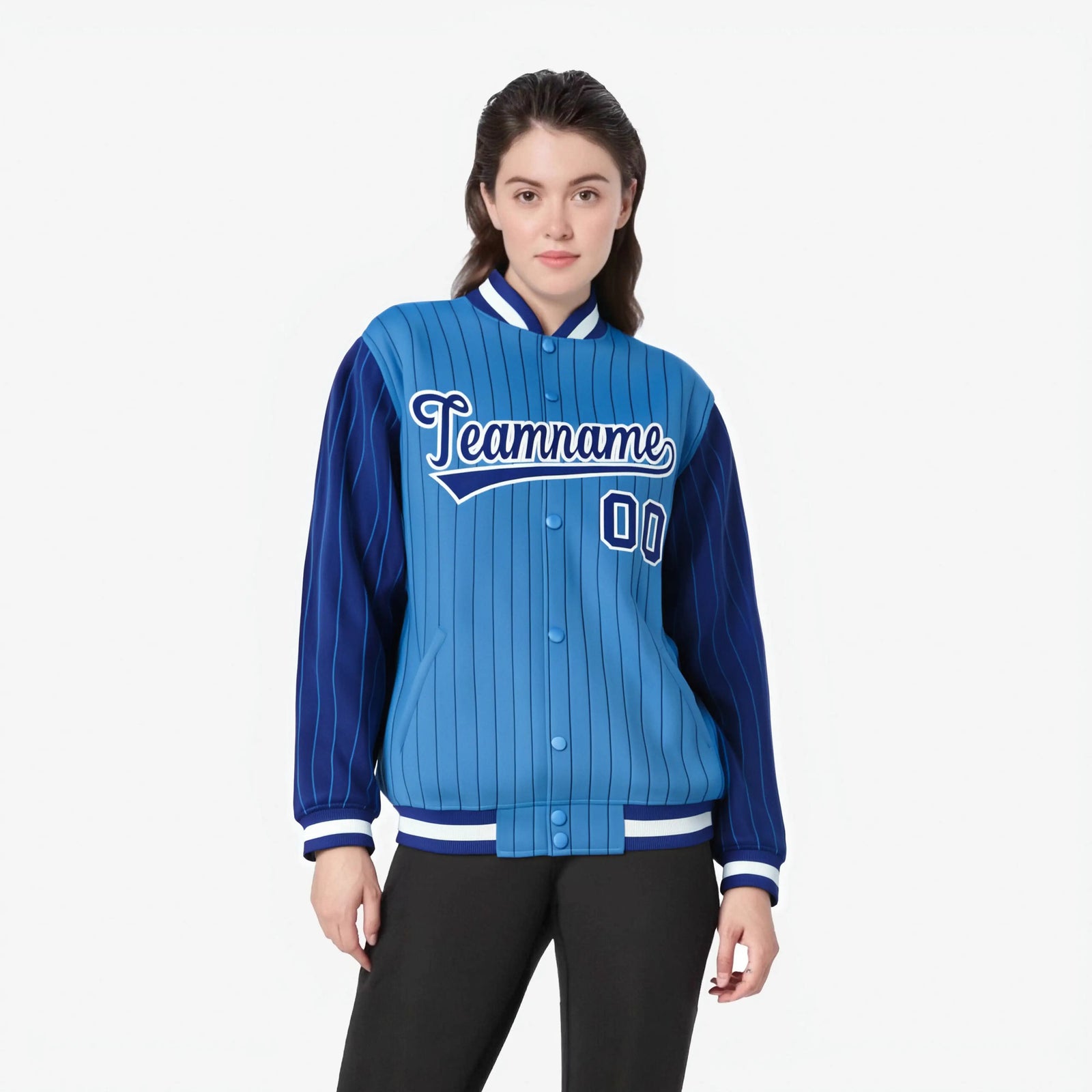 Custom Powder Blue Royal Blue-Powder Blue Personalized Stripe Fashion Letterman Bomber Varsity Jacket