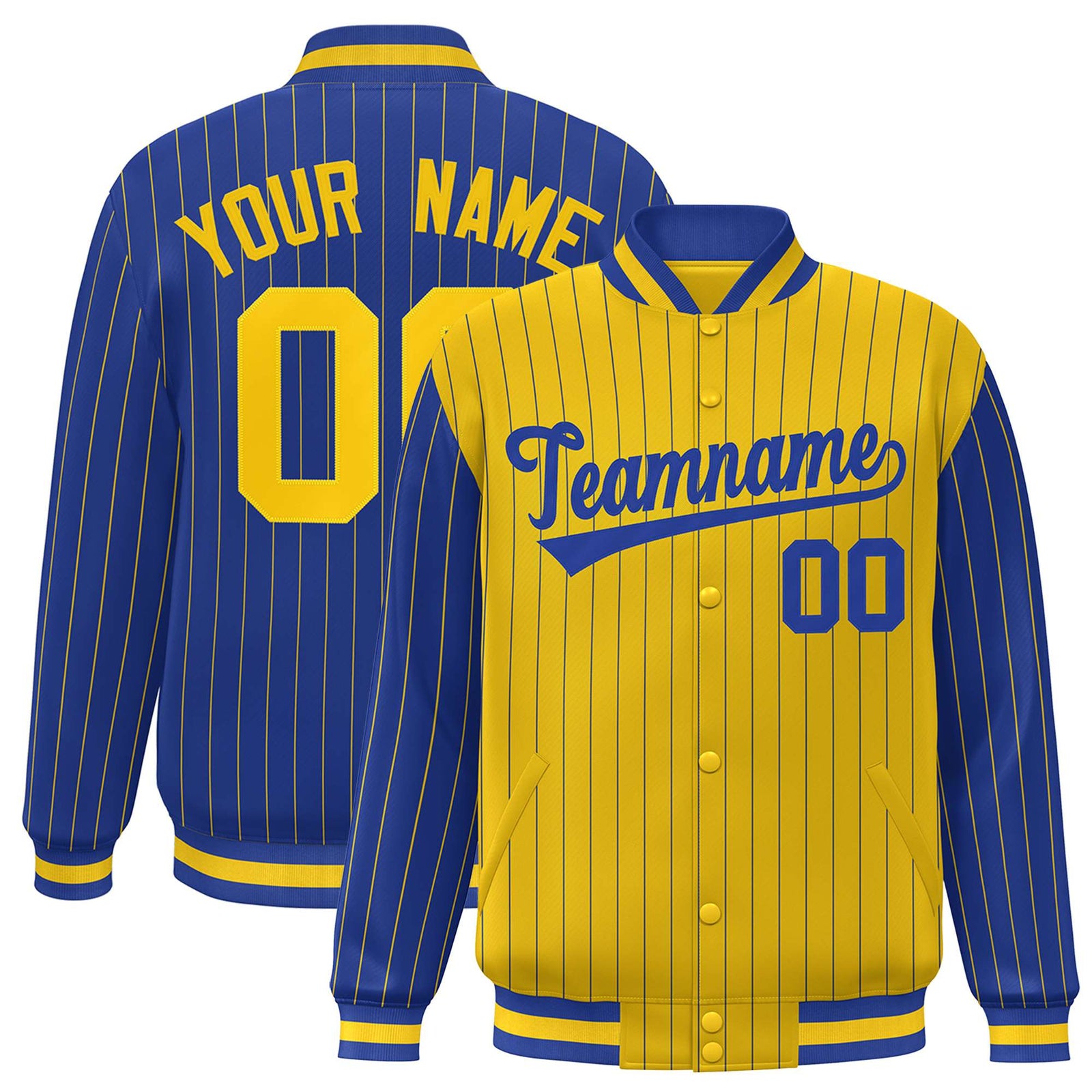 Custom Gold Royal Blue-Gold Personalized Stripe Fashion Letterman Bomber Varsity Jacket