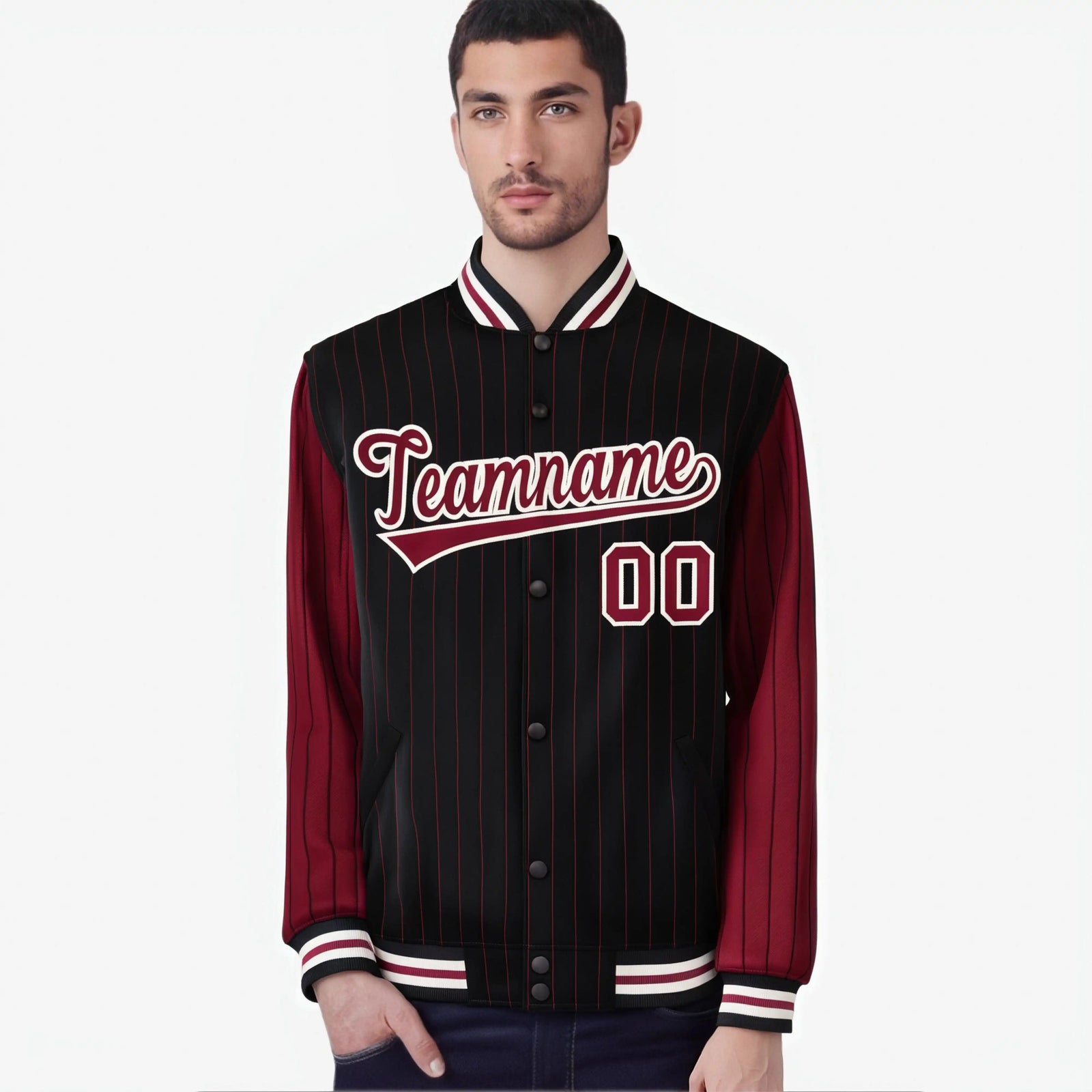 Custom Black Crimson-Black Personalized Stripe Fashion Letterman Bomber Varsity Jacket