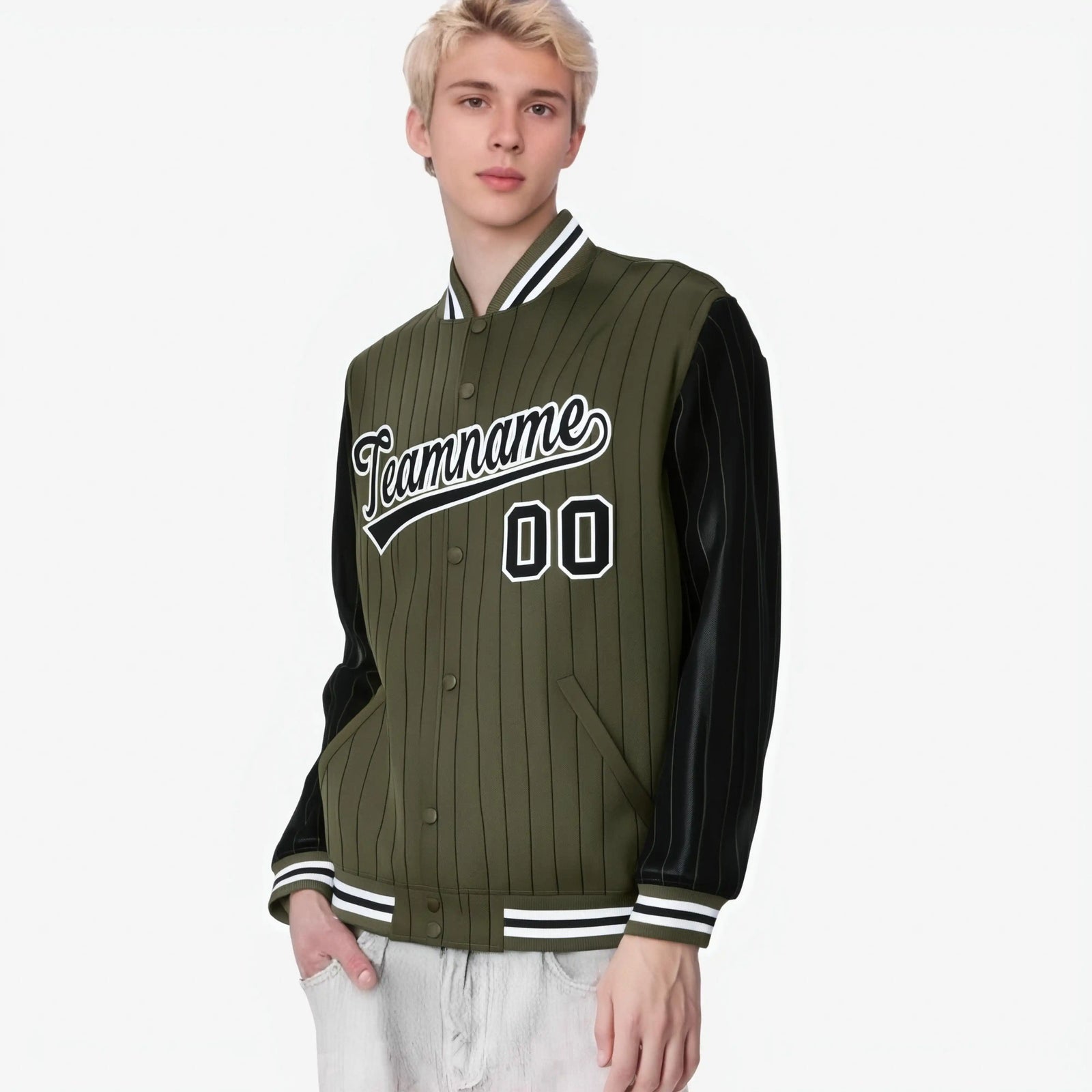 Custom Olive Black-Olive Personalized Stripe Fashion Letterman Bomber Varsity Jacket