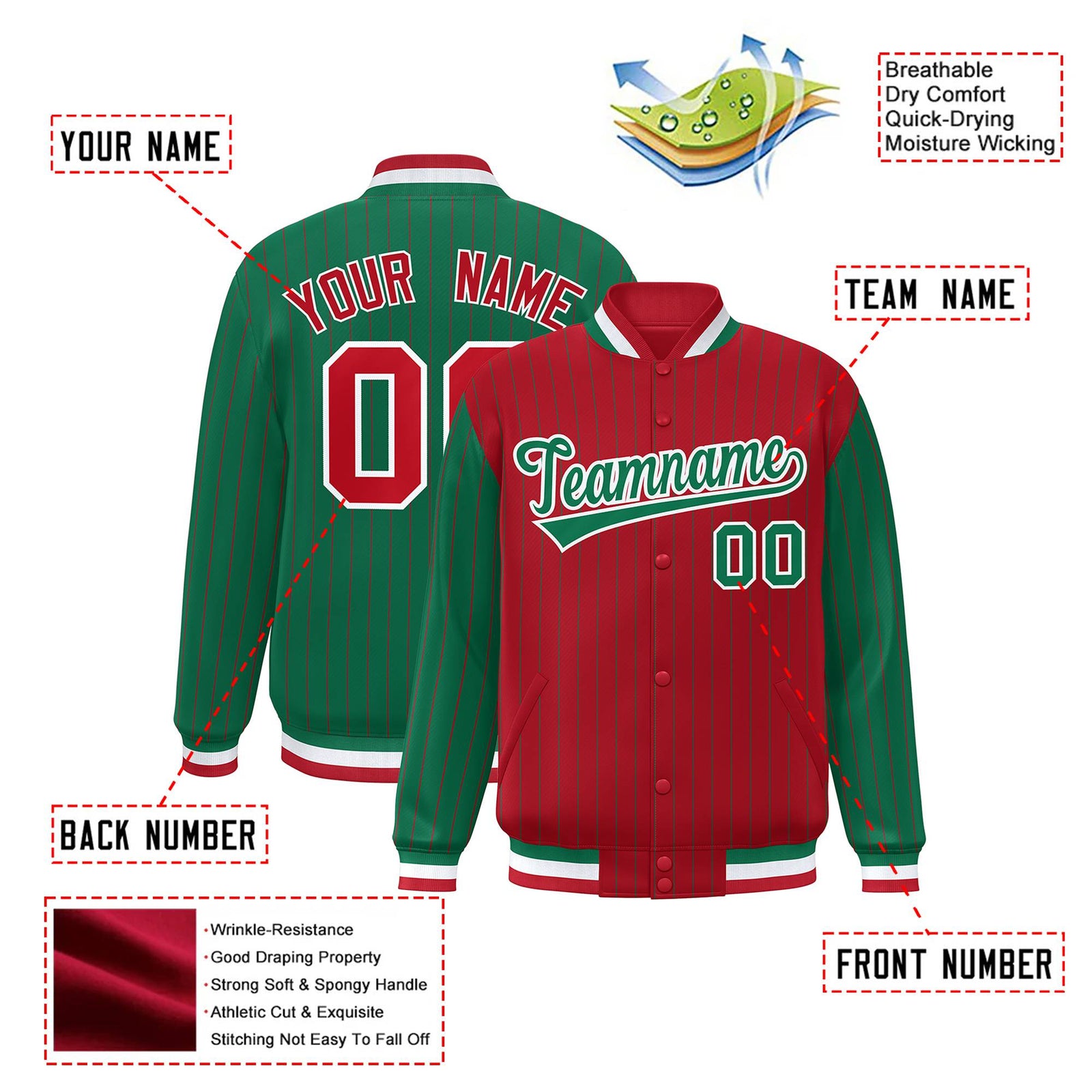 Custom Red Green-Red Personalized Stripe Fashion Letterman Bomber Varsity Jacket