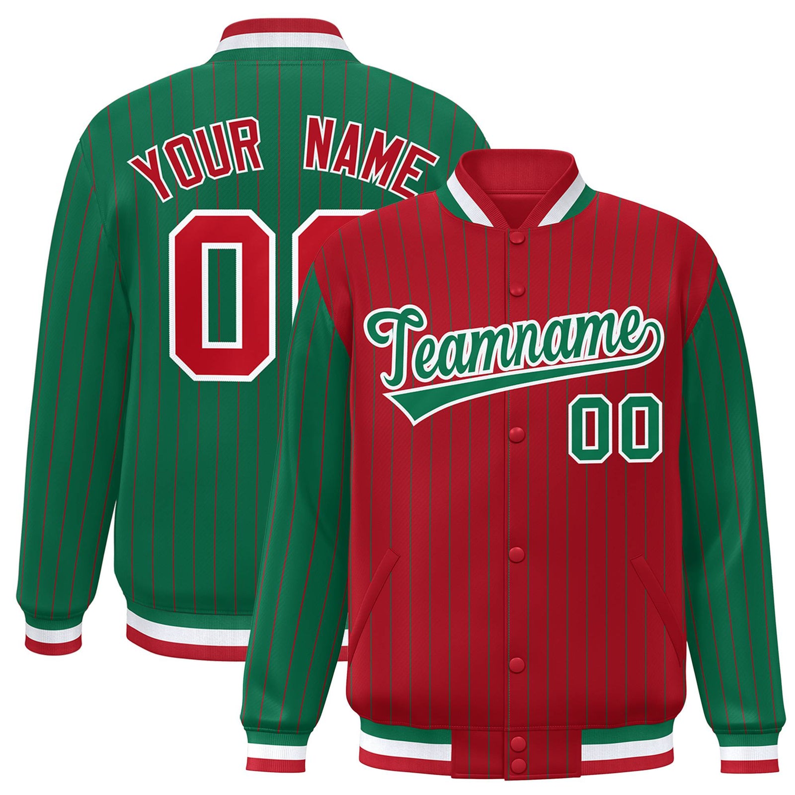 Custom Red Green-Red Personalized Stripe Fashion Letterman Bomber Varsity Jacket