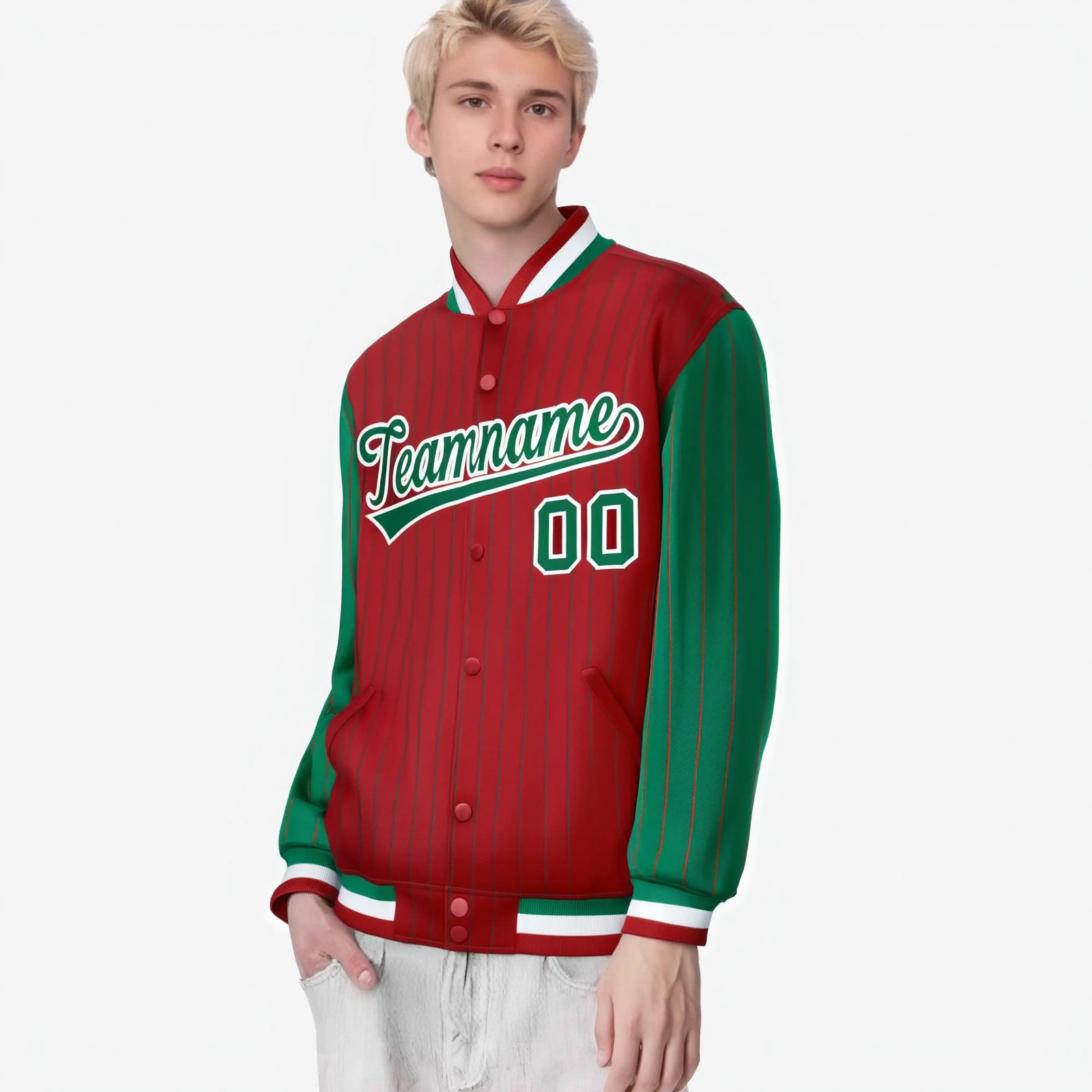Custom Red Green-Red Personalized Stripe Fashion Letterman Bomber Varsity Jacket