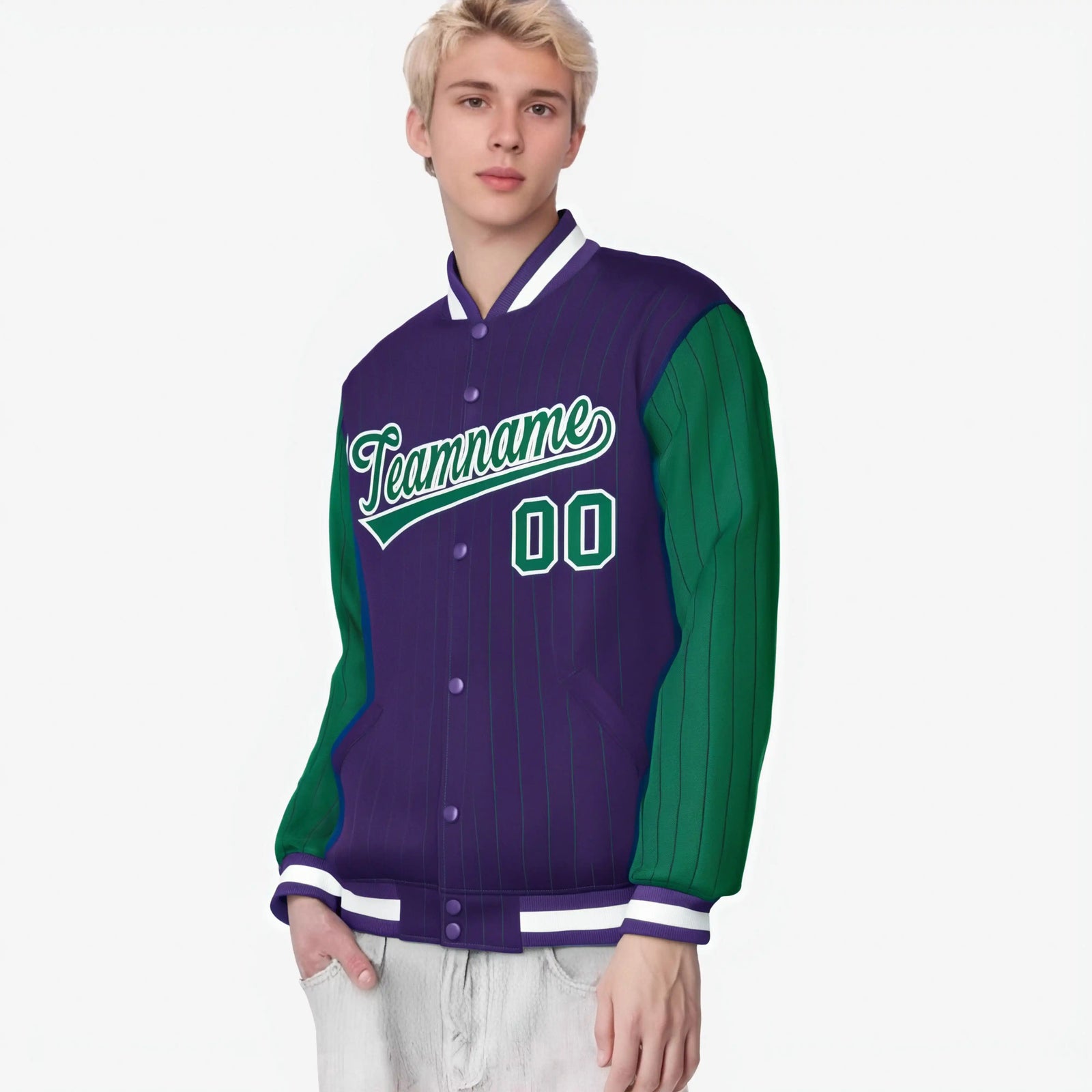 Custom Purple Green-Purple Personalized Stripe Fashion Letterman Bomber Varsity Jacket
