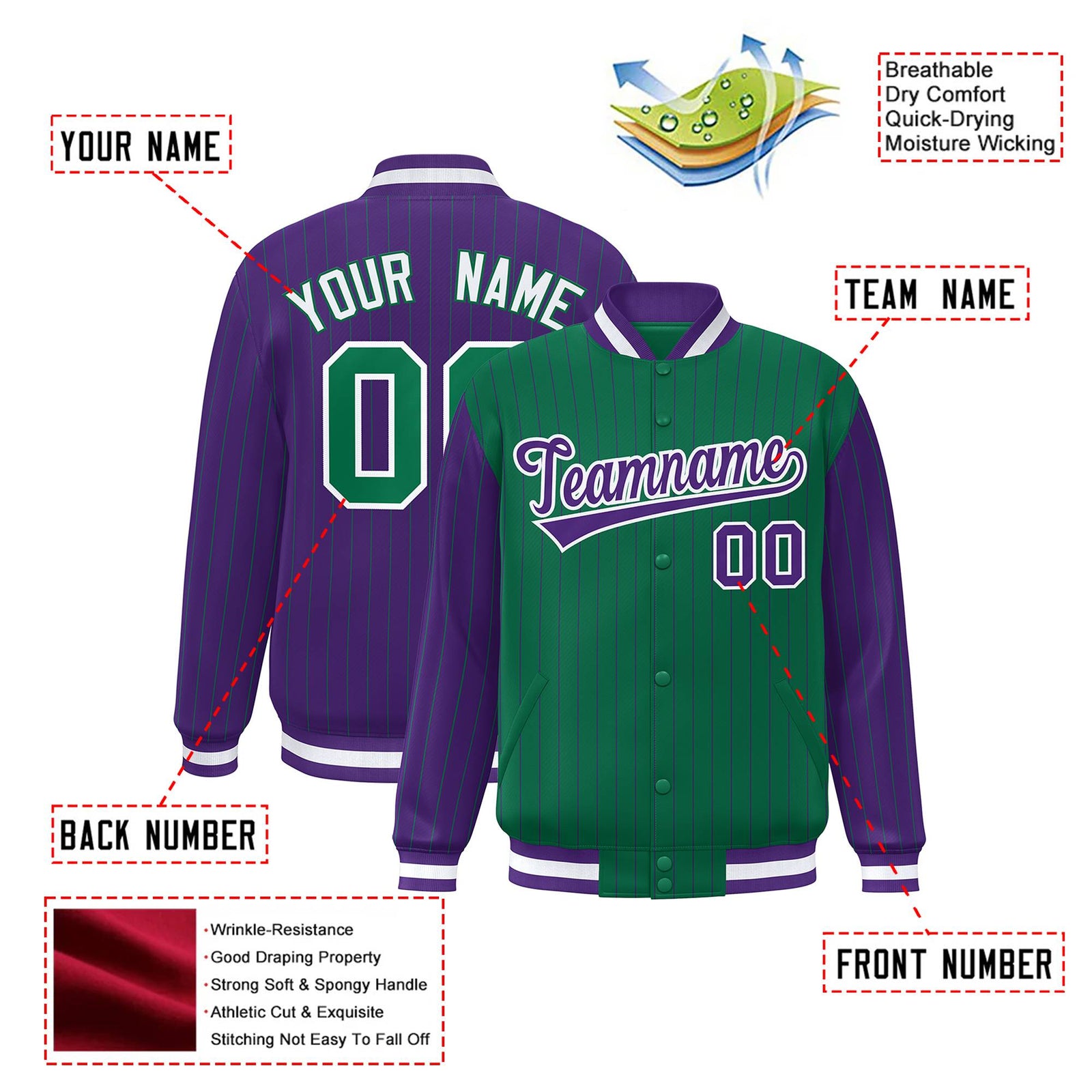 Custom Green Purple-Green Personalized Stripe Fashion Letterman Bomber Varsity Jacket