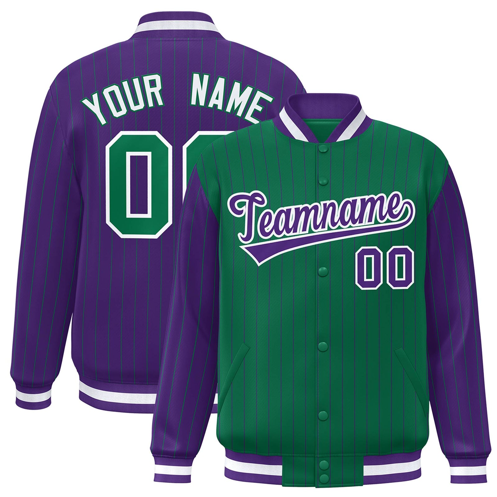 Custom Green Purple-Green Personalized Stripe Fashion Letterman Bomber Varsity Jacket