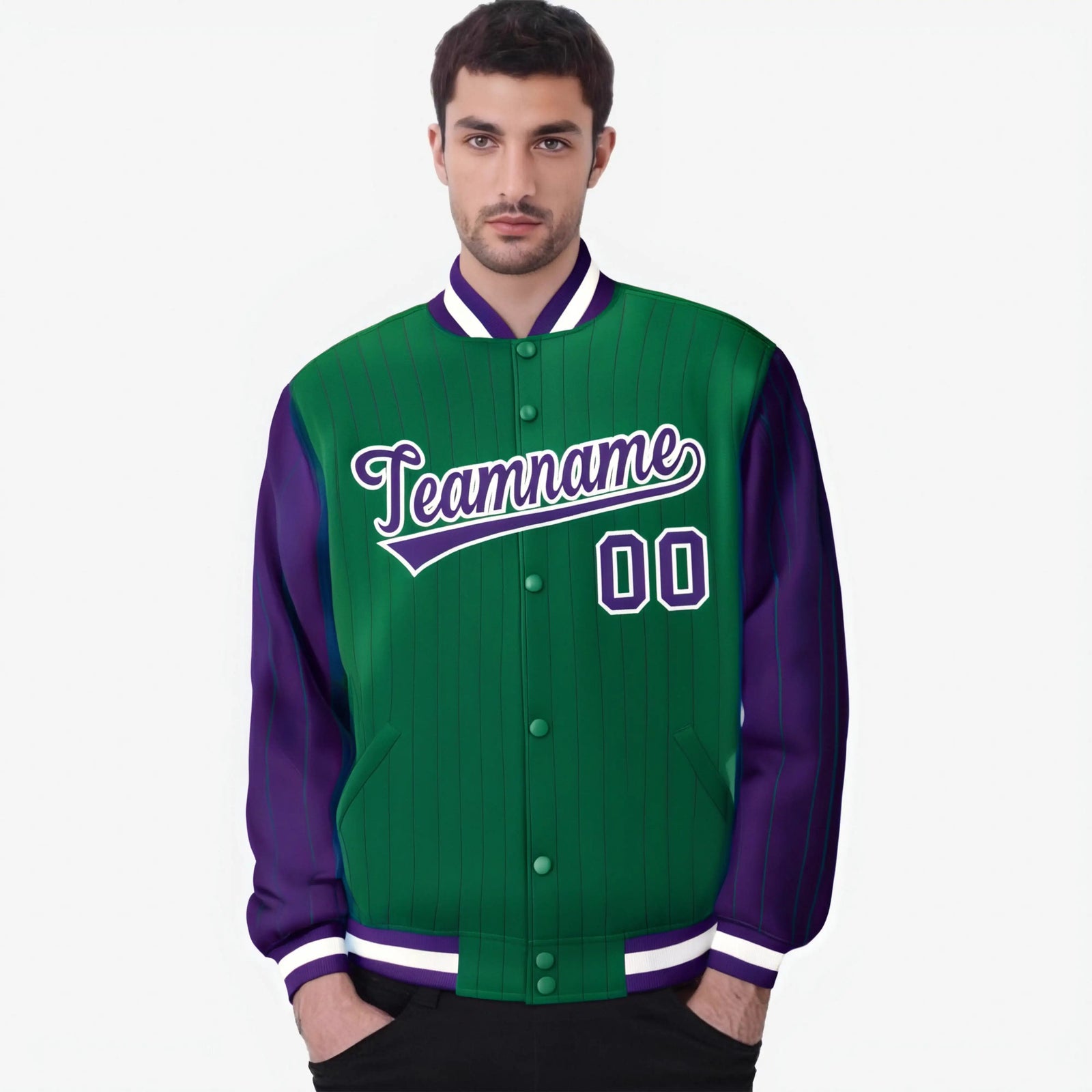 Custom Green Purple-Green Personalized Stripe Fashion Letterman Bomber Varsity Jacket