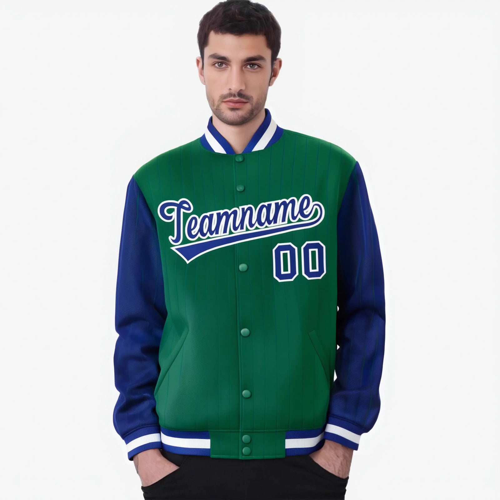 Custom Green Royal Blue-Green Personalized Stripe Fashion Letterman Bomber Varsity Jacket