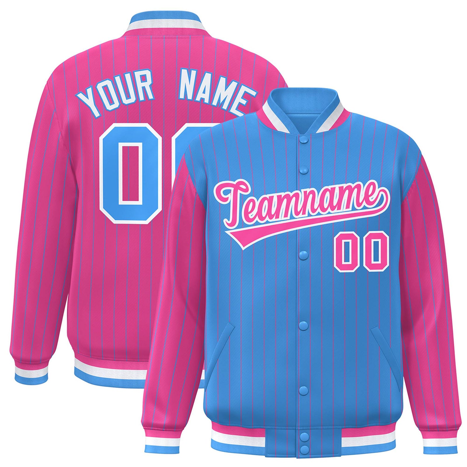 Custom Powder Blue Pink-Powder Blue Personalized Stripe Fashion Letterman Bomber Varsity Jacket