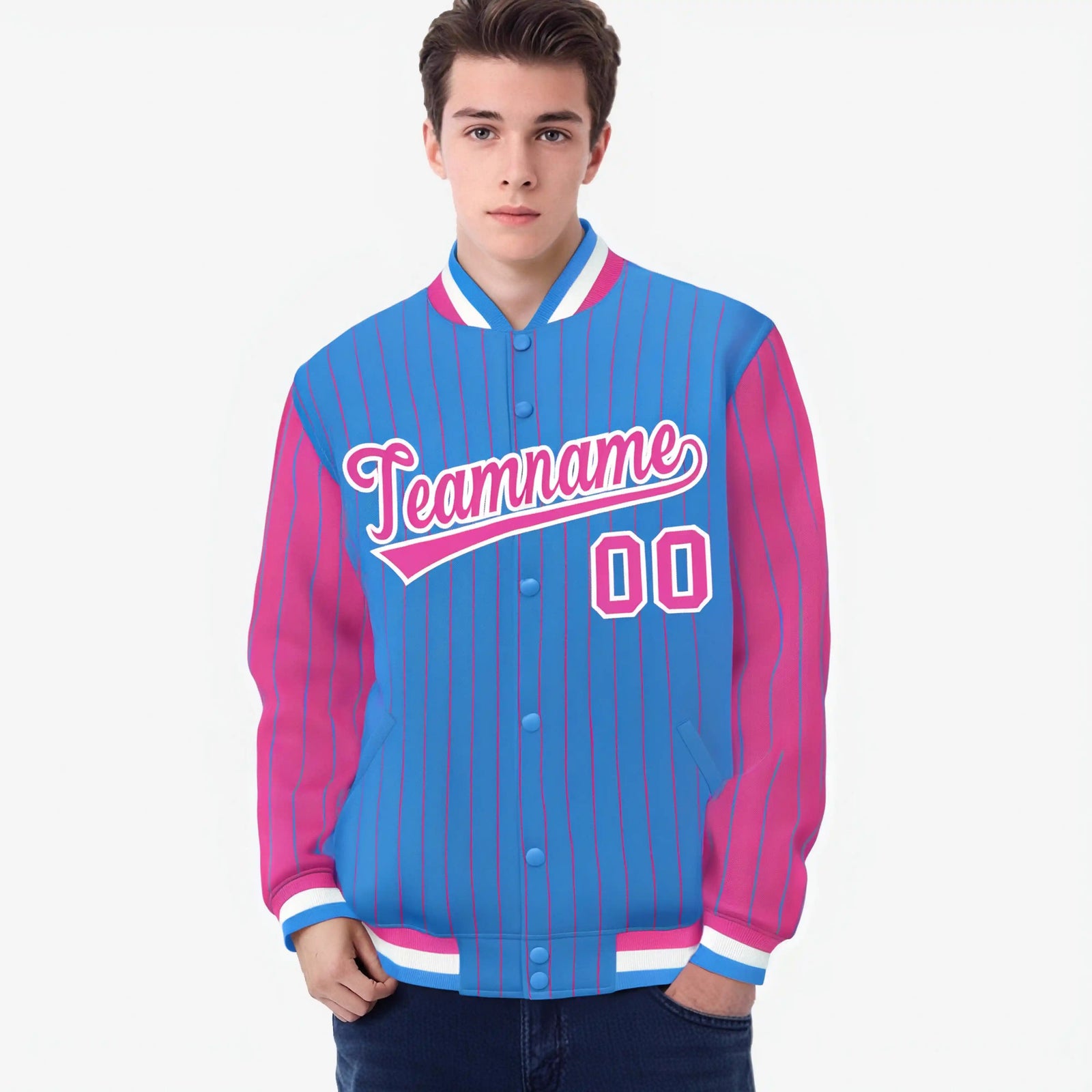 Custom Powder Blue Pink-Powder Blue Personalized Stripe Fashion Letterman Bomber Varsity Jacket