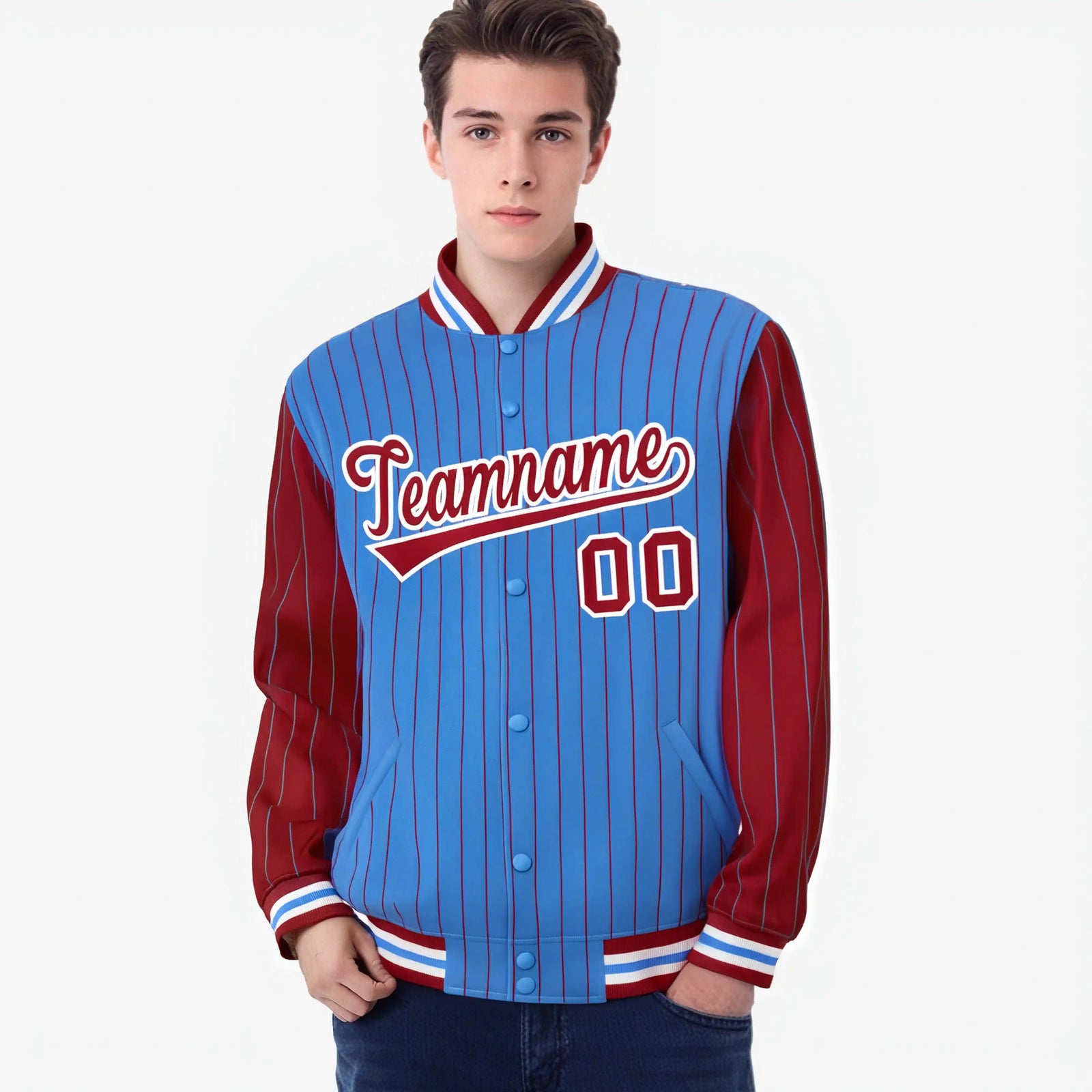 Custom Powder Blue Red-Powder Blue Personalized Stripe Fashion Letterman Bomber Varsity Jacket