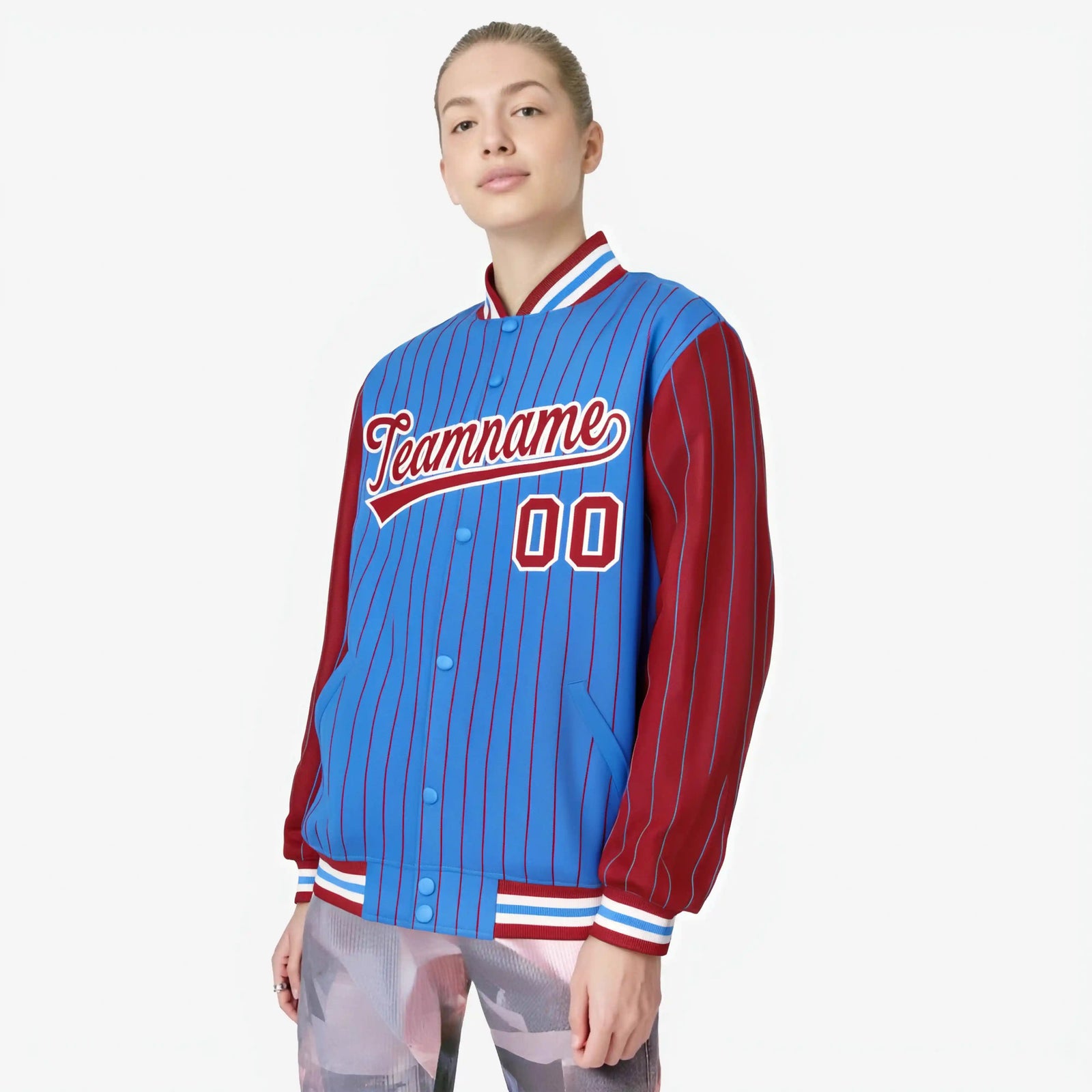 Custom Powder Blue Red-Powder Blue Personalized Stripe Fashion Letterman Bomber Varsity Jacket