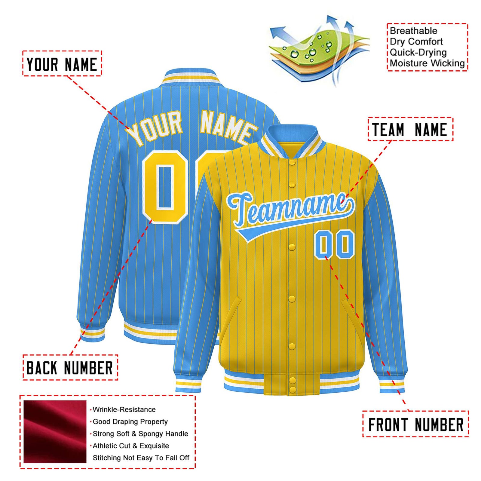Custom Powder Blue Gold-Powder Blue Personalized Stripe Fashion Letterman Bomber Varsity Jacket