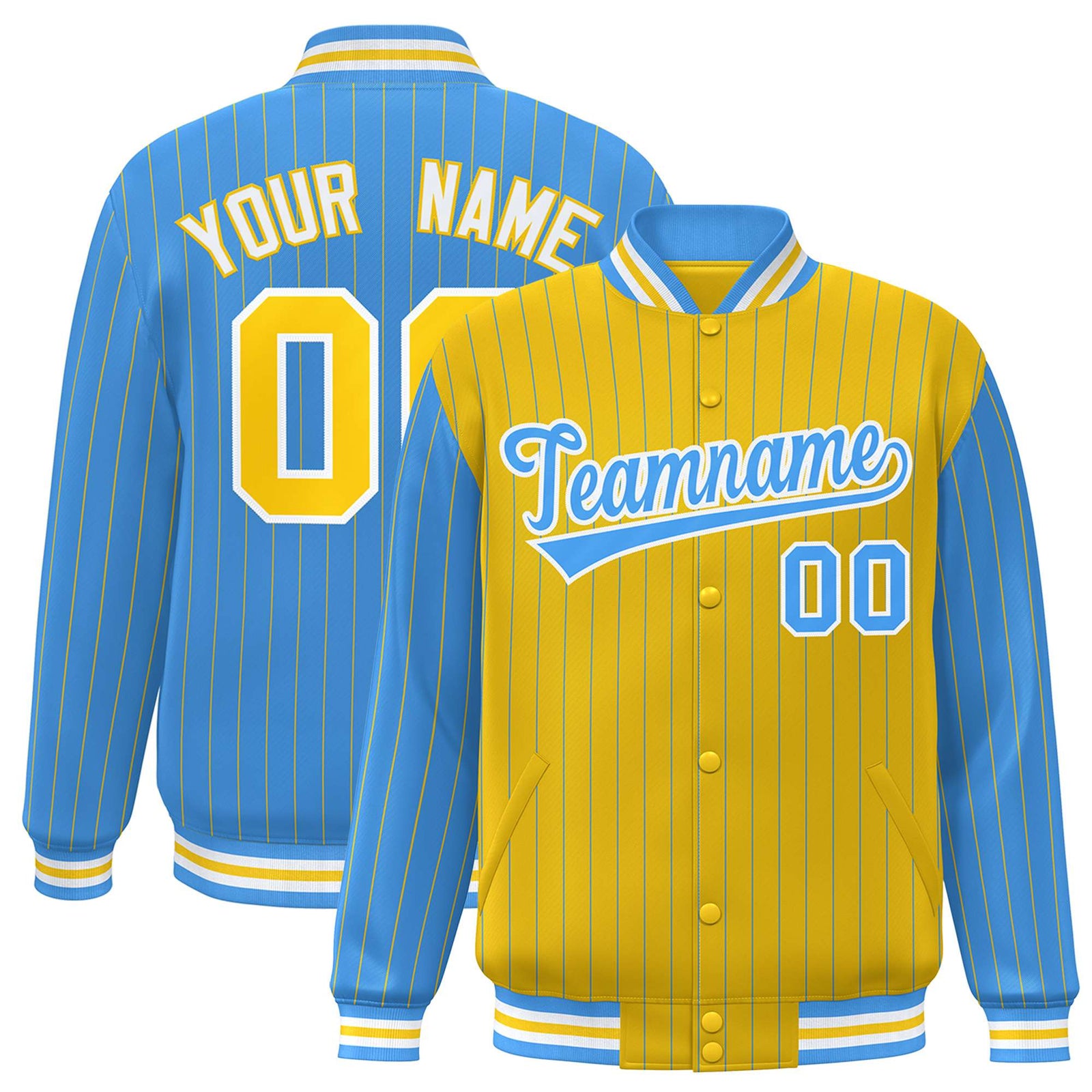 Custom Powder Blue Gold-Powder Blue Personalized Stripe Fashion Letterman Bomber Varsity Jacket