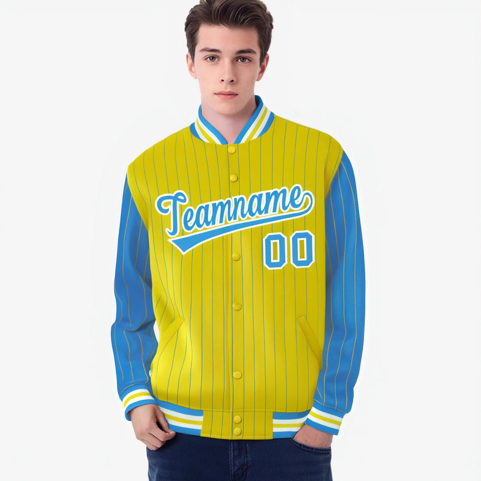 Custom Powder Blue Gold-Powder Blue Personalized Stripe Fashion Letterman Bomber Varsity Jacket