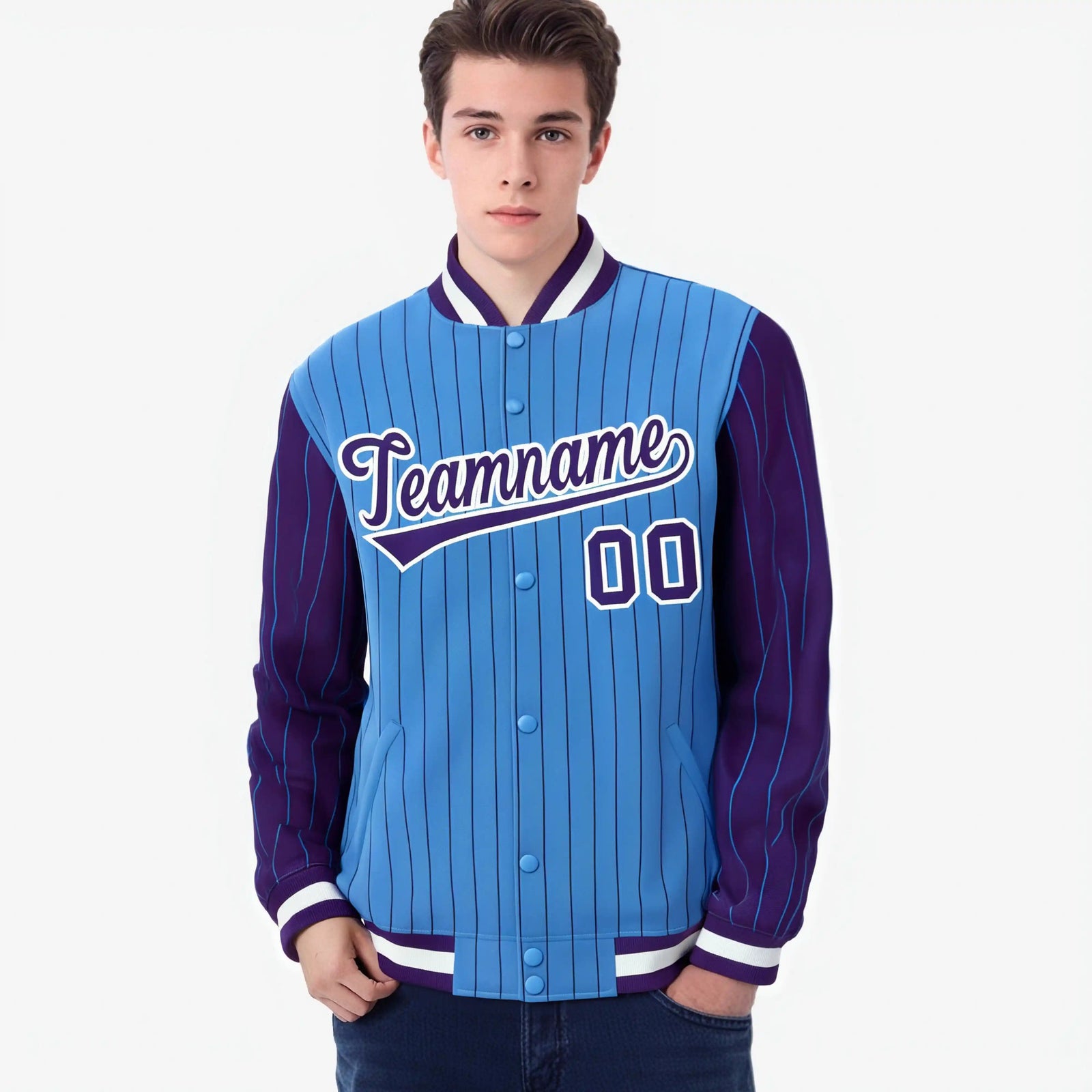 Custom Powder Blue Purple-Powder Blue Personalized Stripe Fashion Letterman Bomber Varsity Jacket