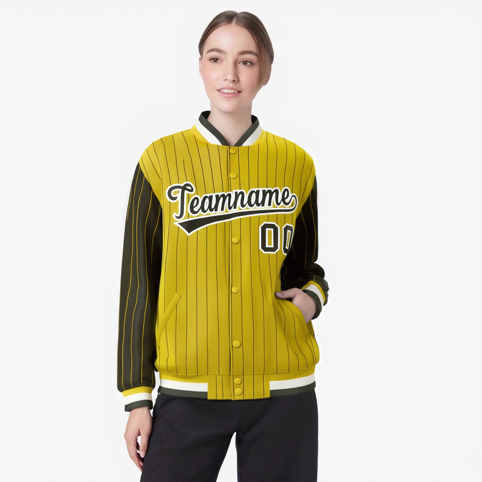 Custom Gold Olive-Gold Personalized Stripe Fashion Letterman Bomber Varsity Jacket