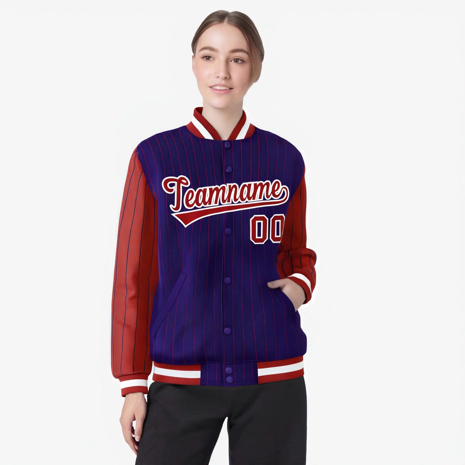 Custom Purple Red-Purple Personalized Stripe Fashion Letterman Bomber Varsity Jacket
