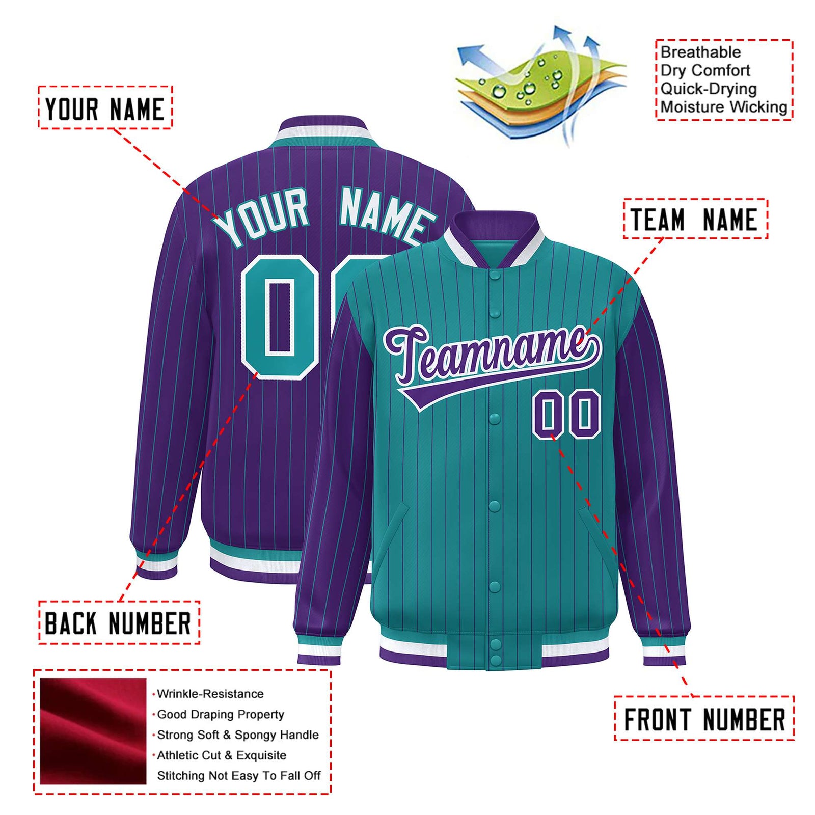 Custom Aqua Purple-Aqua Personalized Stripe Fashion Letterman Bomber Varsity Jacket