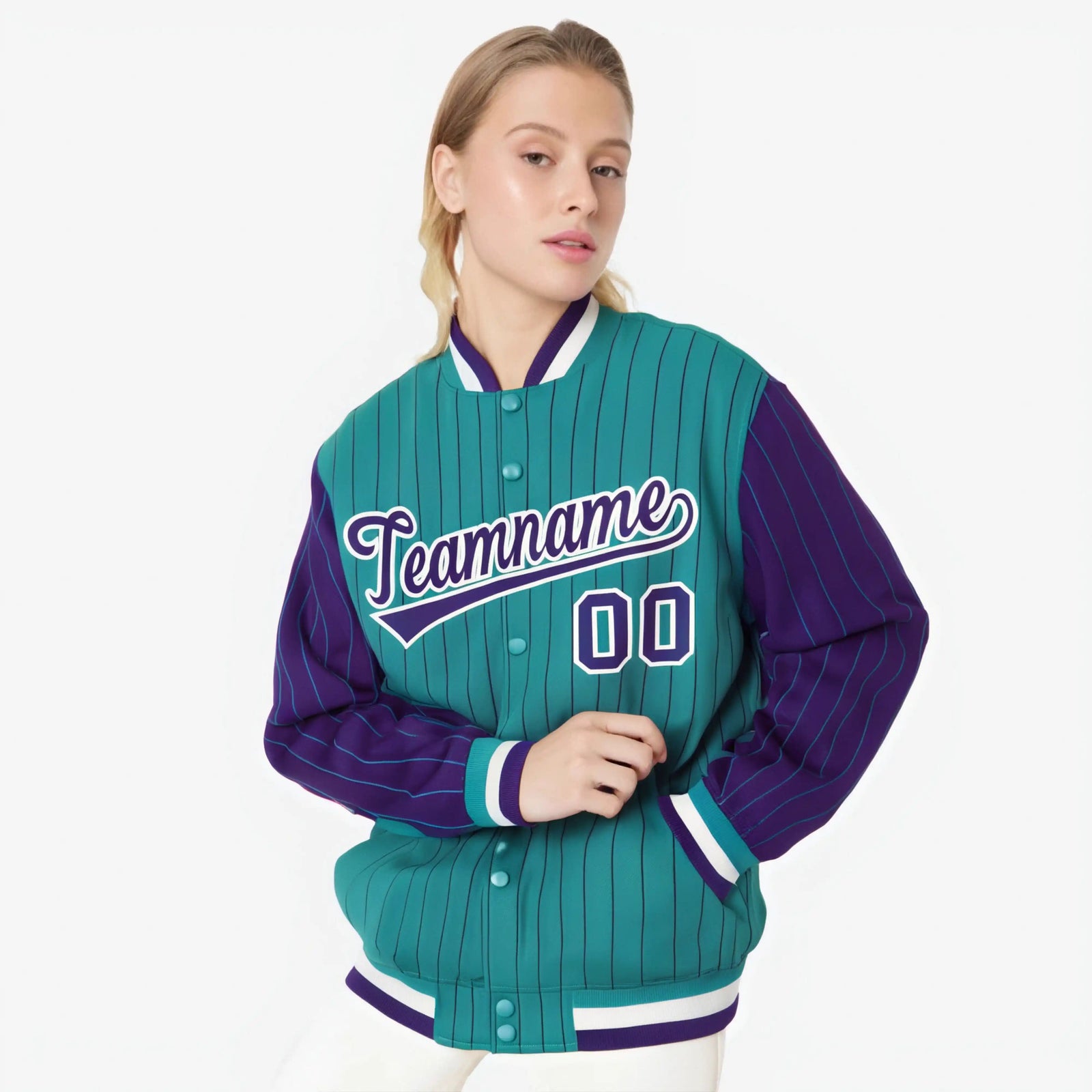 Custom Aqua Purple-Aqua Personalized Stripe Fashion Letterman Bomber Varsity Jacket