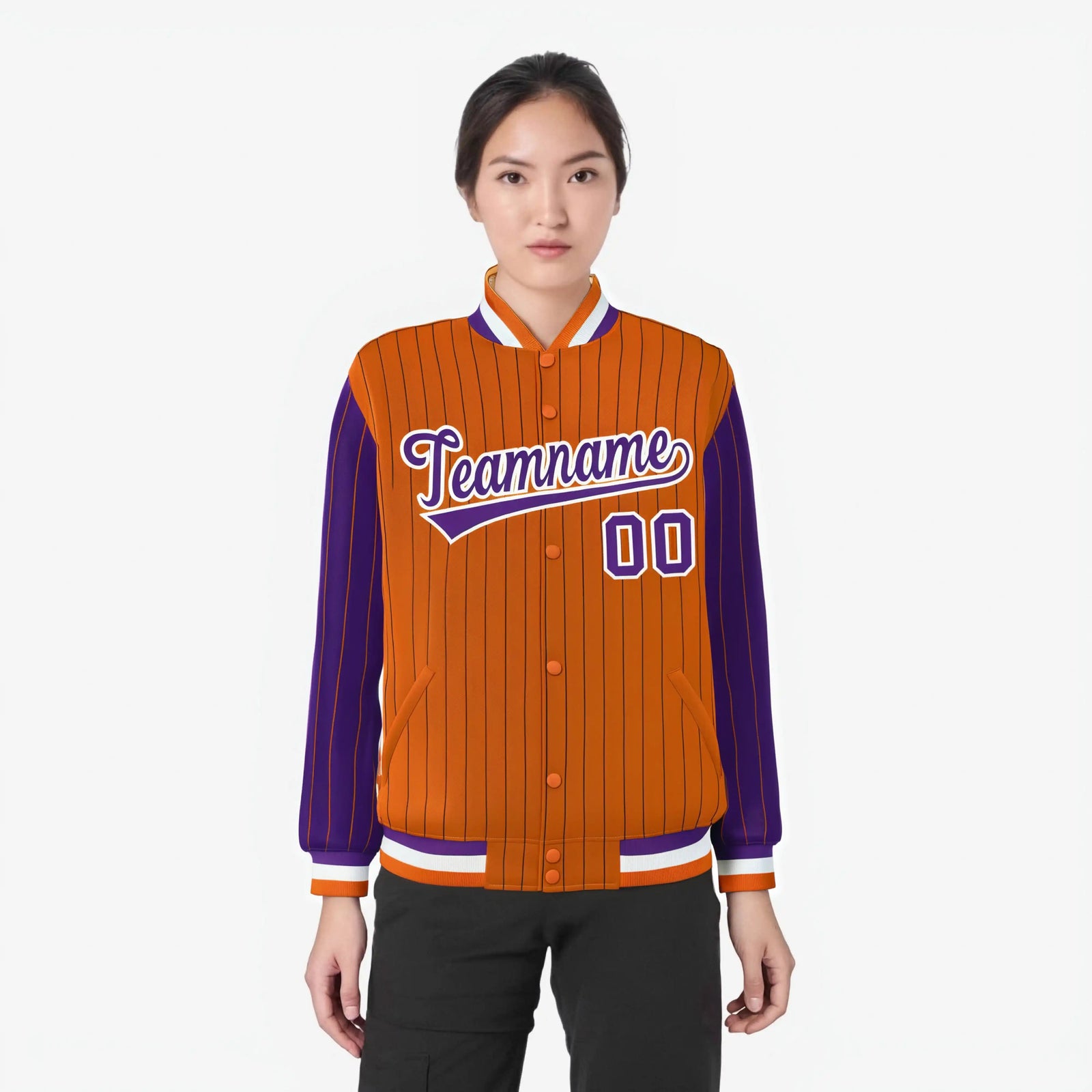 Custom Orange Purple-Orange Personalized Stripe Fashion Letterman Bomber Varsity Jacket