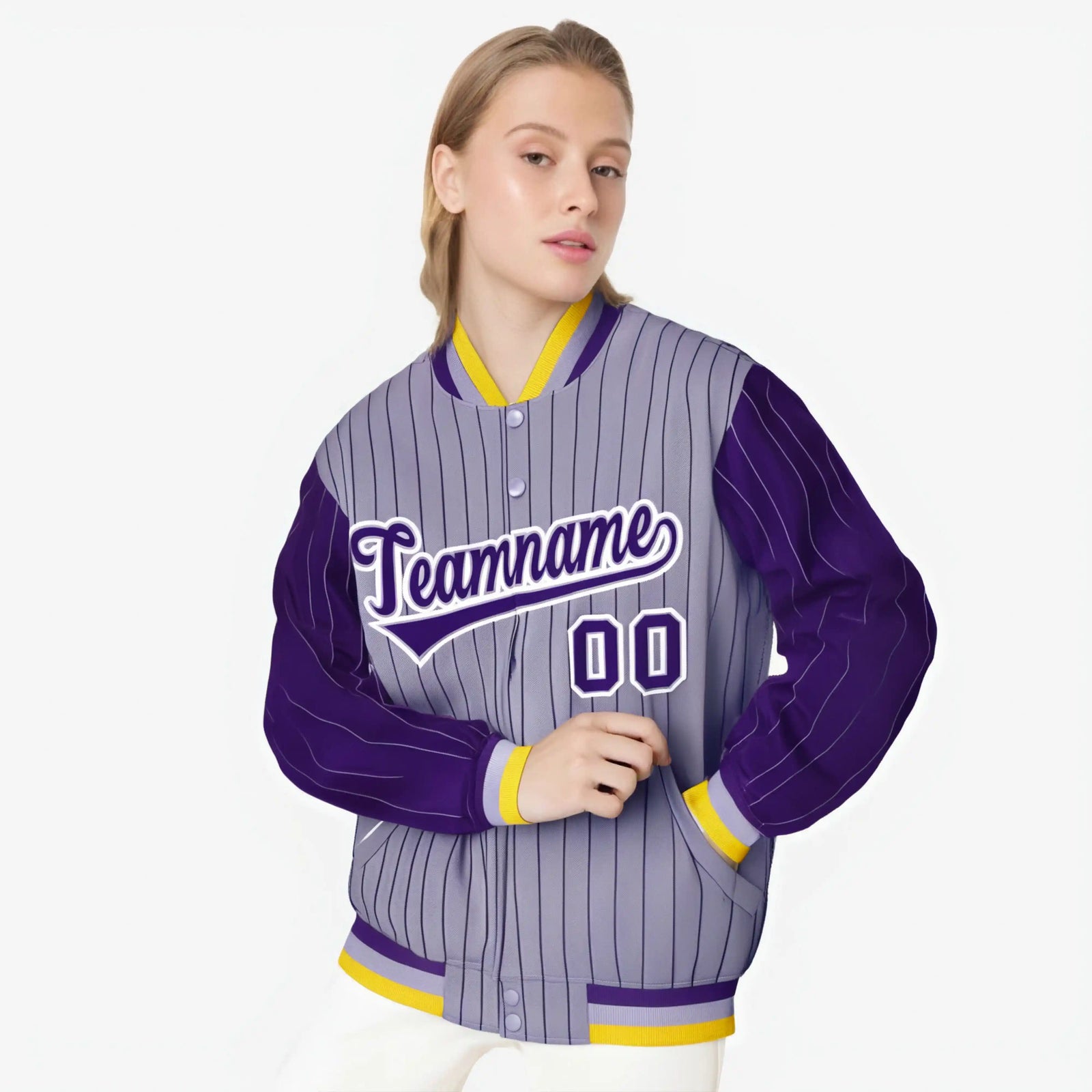 Custom Light Purple Purple-Light Purple Personalized Stripe Fashion Letterman Bomber Varsity Jacket