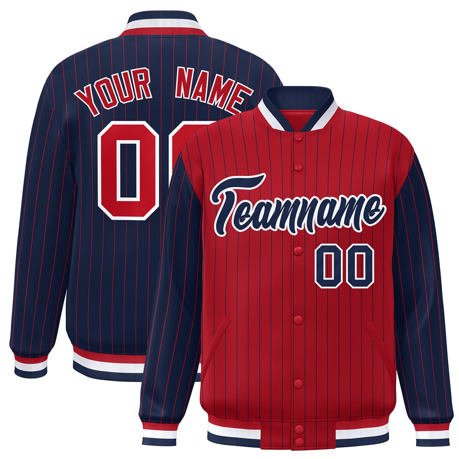 Custom Red Navy-Red Personalized Stripe Fashion Letterman Bomber Varsity Jacket