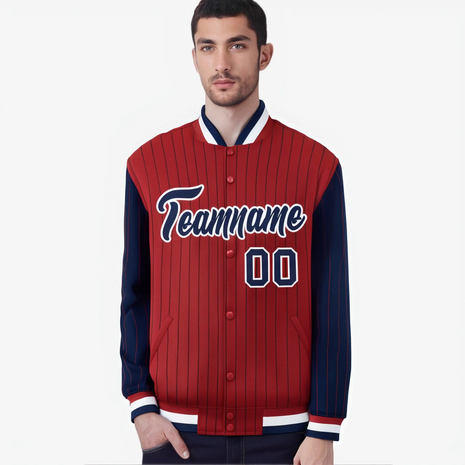 Custom Red Navy-Red Personalized Stripe Fashion Letterman Bomber Varsity Jacket