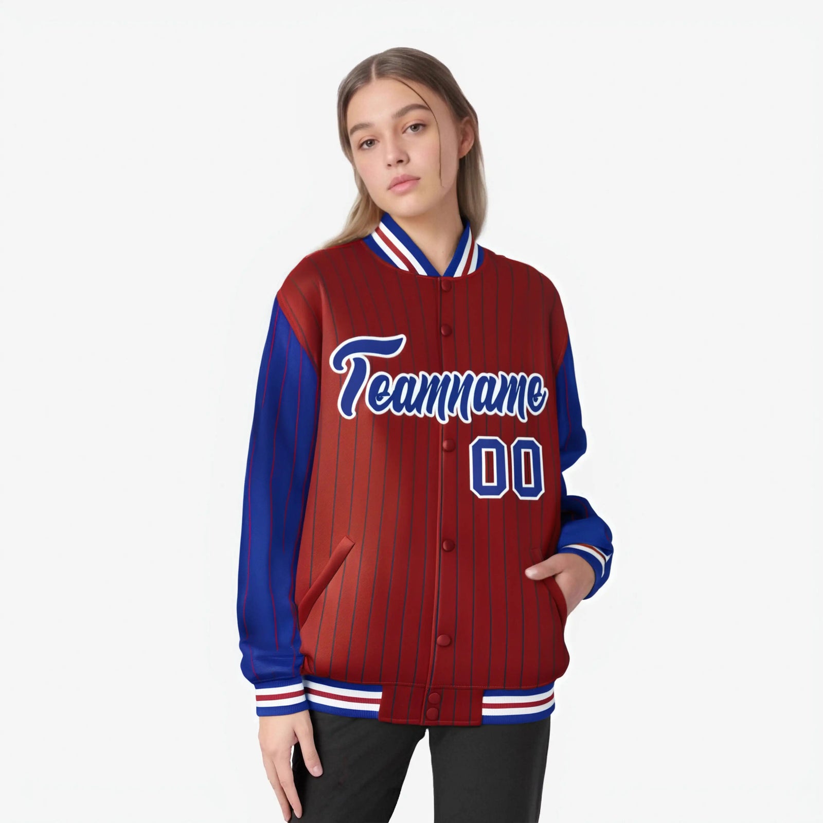 Custom Red Royal Blue-Red Personalized Stripe Fashion Letterman Bomber Varsity Jacket