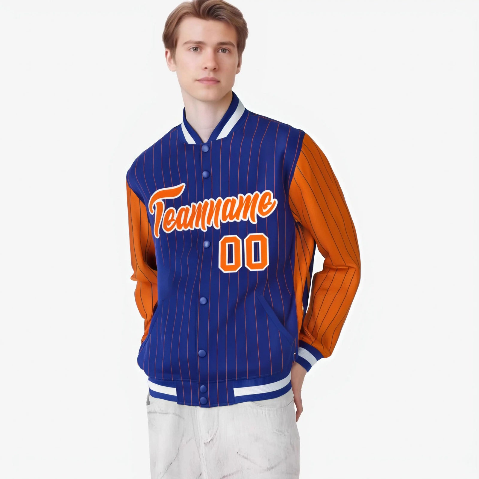 Custom Royal Blue Orange-Royal Blue Personalized Stripe Fashion Letterman Bomber Varsity Jacket