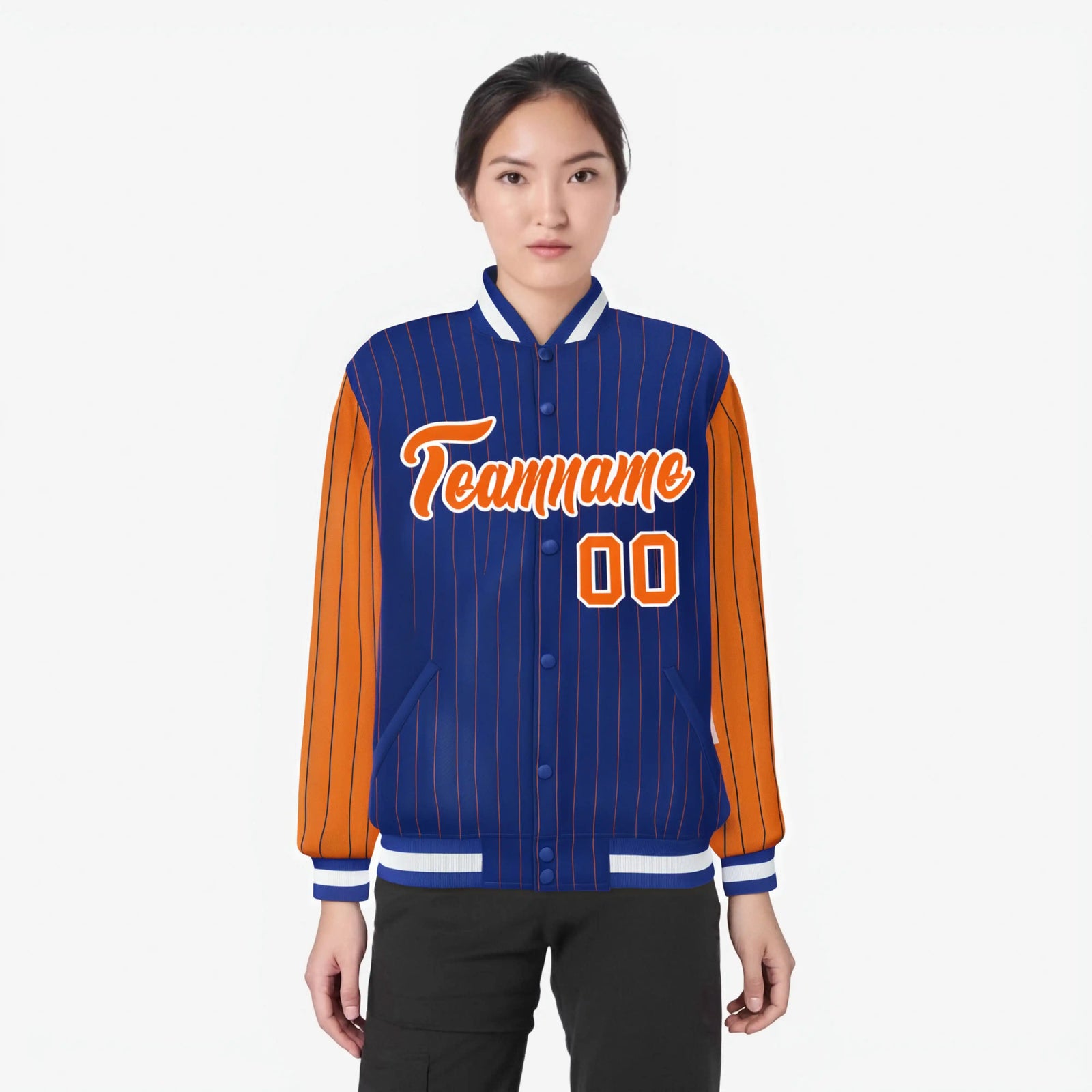 Custom Royal Blue Orange-Royal Blue Personalized Stripe Fashion Letterman Bomber Varsity Jacket