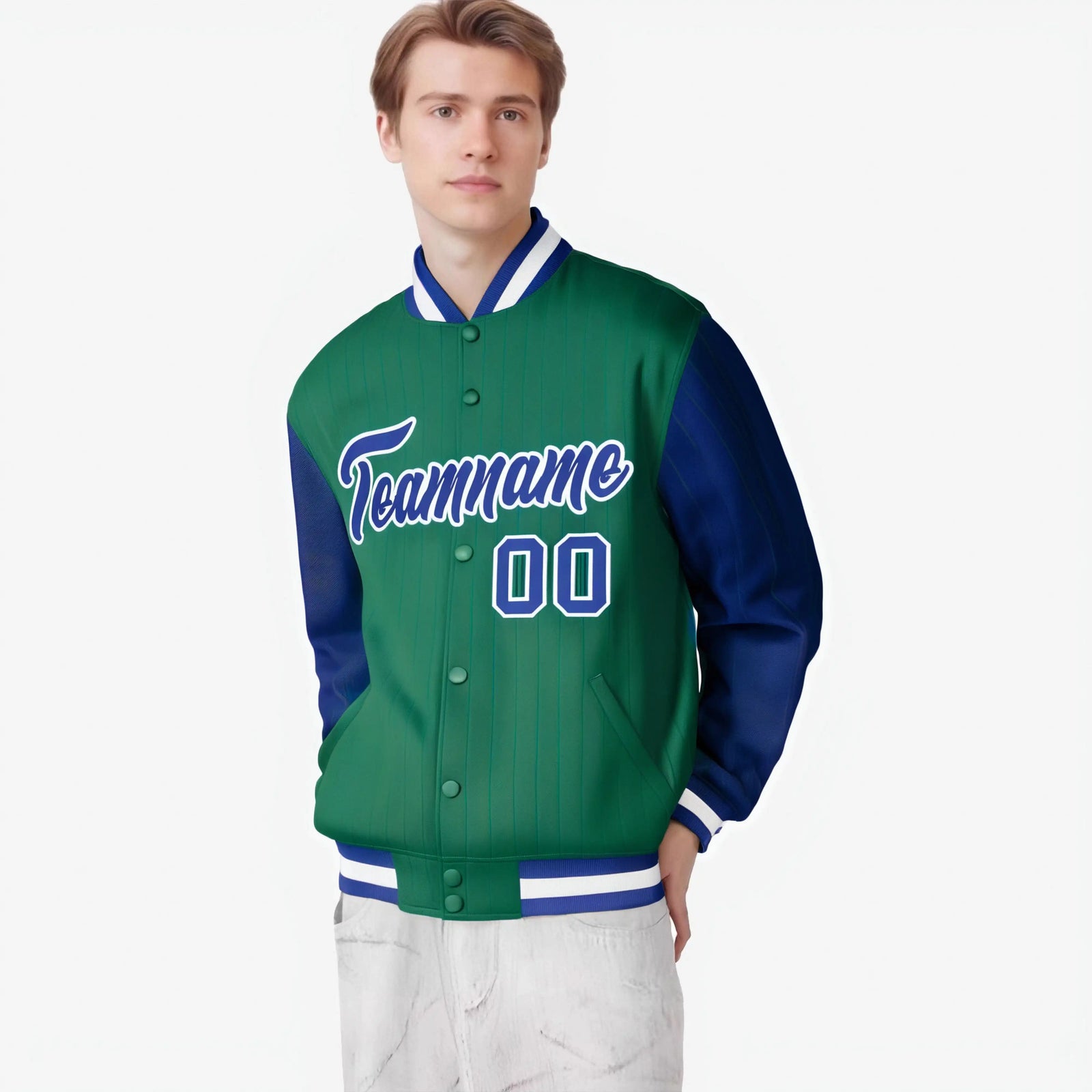 Custom Kelly Green Royal Blue-Kelly Green Personalized Stripe Fashion Letterman Bomber Varsity Jacket