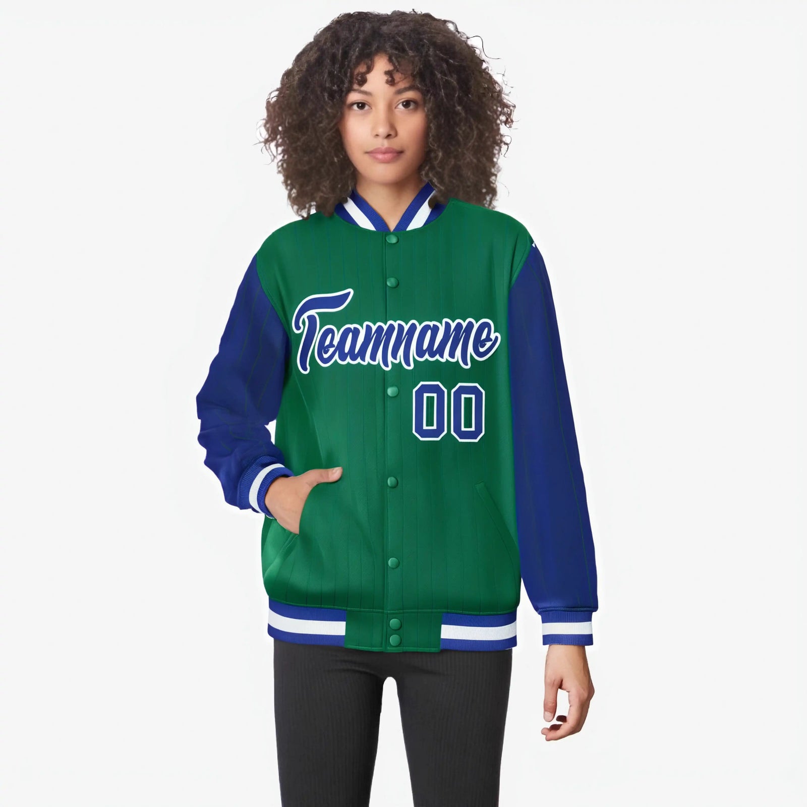Custom Kelly Green Royal Blue-Kelly Green Personalized Stripe Fashion Letterman Bomber Varsity Jacket