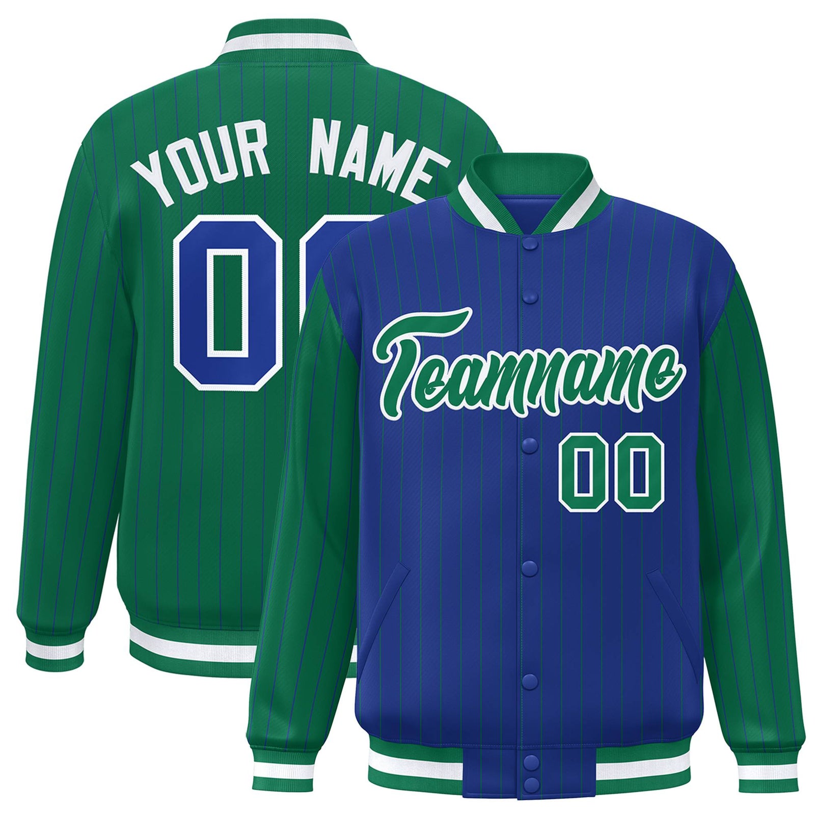 Custom Royal Blue Kelly Green-Royal Blue Personalized Stripe Fashion Letterman Bomber Varsity Jacket