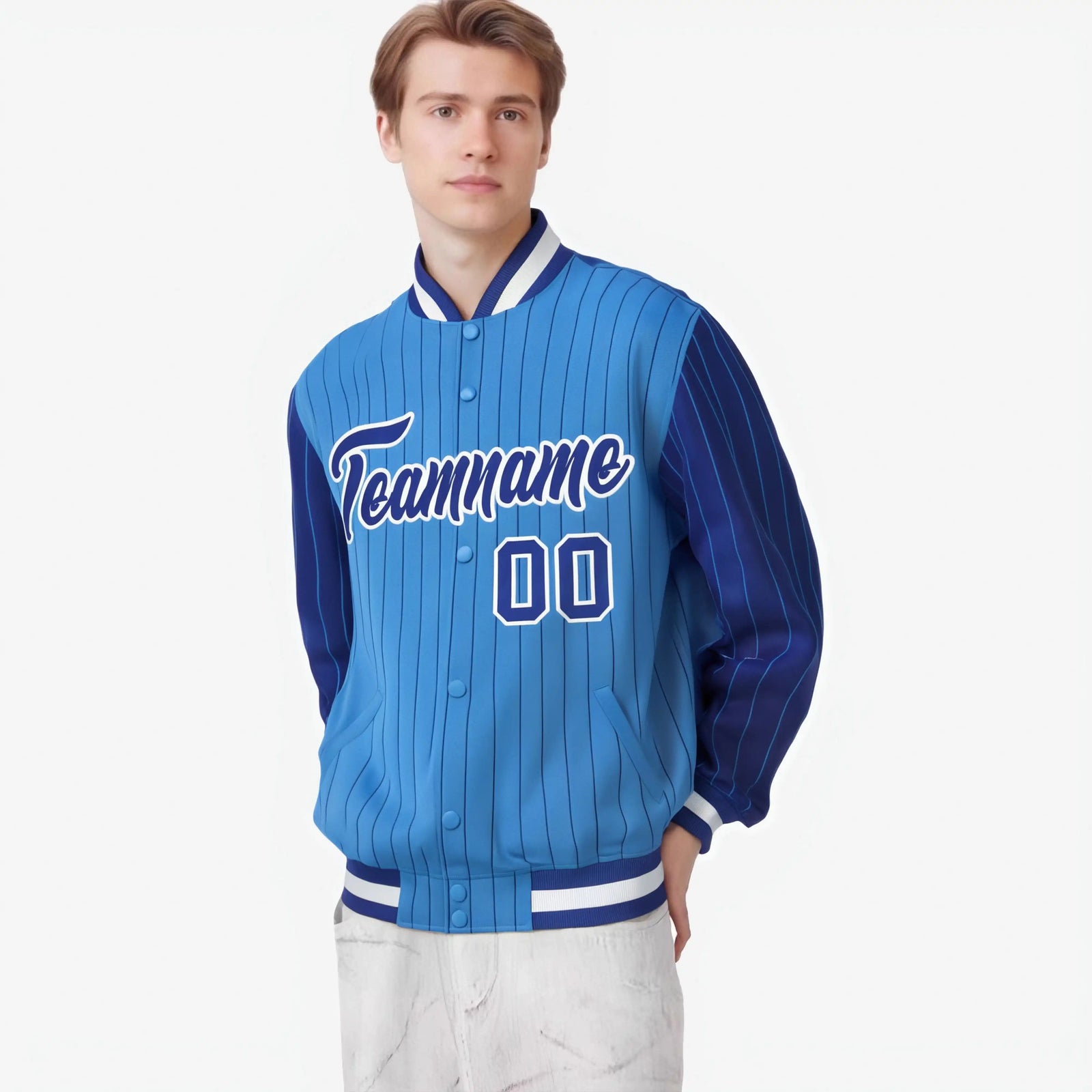 Custom Powder Blue Royal Blue-Powder Blue Personalized Stripe Fashion Letterman Bomber Varsity Jacket