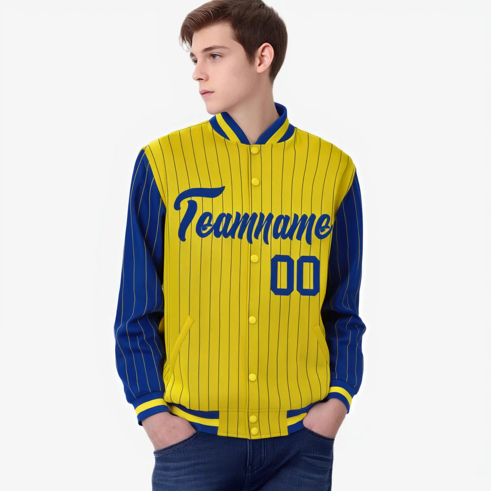 Custom Gold Royal Blue-Gold Personalized Stripe Fashion Letterman Bomber Varsity Jacket