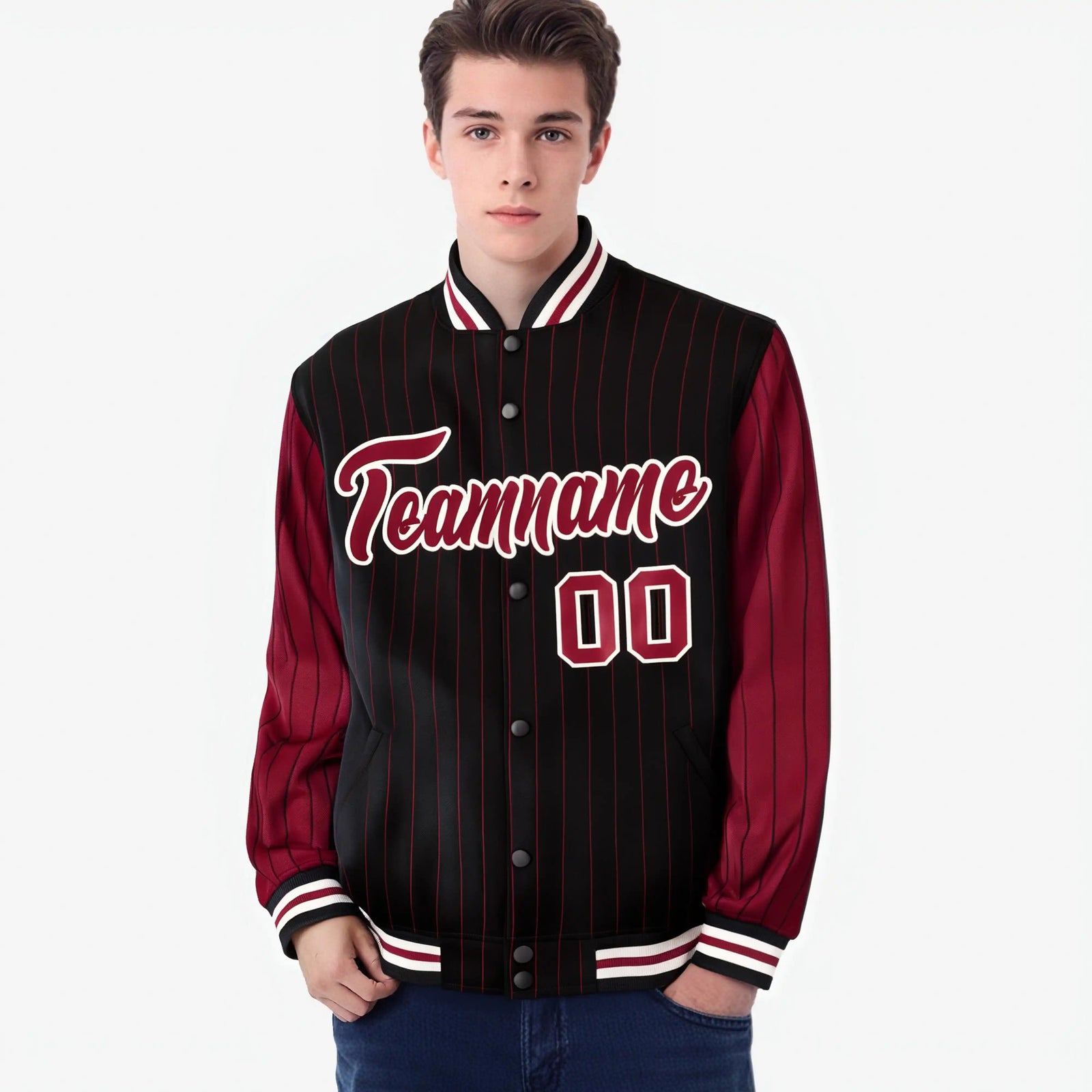 Custom Black Crimson-Black Personalized Stripe Fashion Letterman Bomber Varsity Jacket
