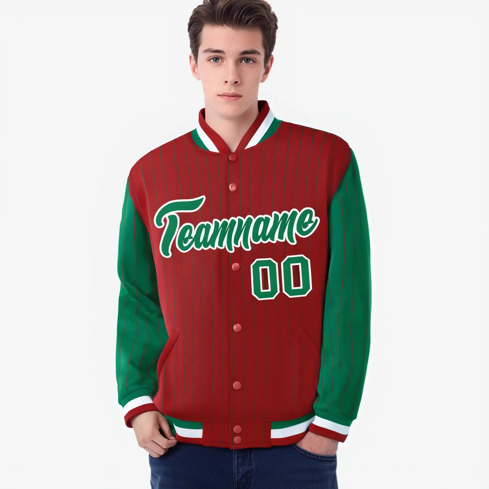 Custom Red Green-Red Personalized Stripe Fashion Letterman Bomber Varsity Jacket