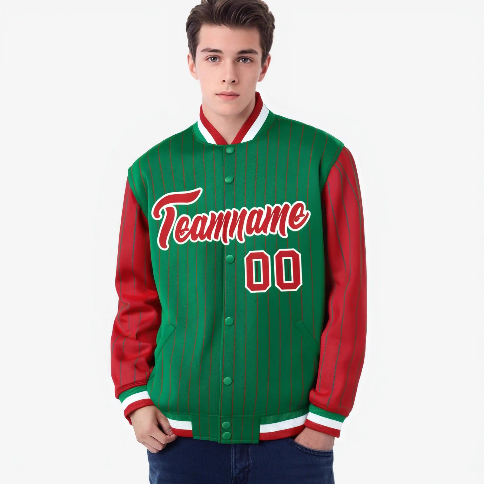 Custom Green Red-Green Personalized Stripe Fashion Letterman Bomber Varsity Jacket